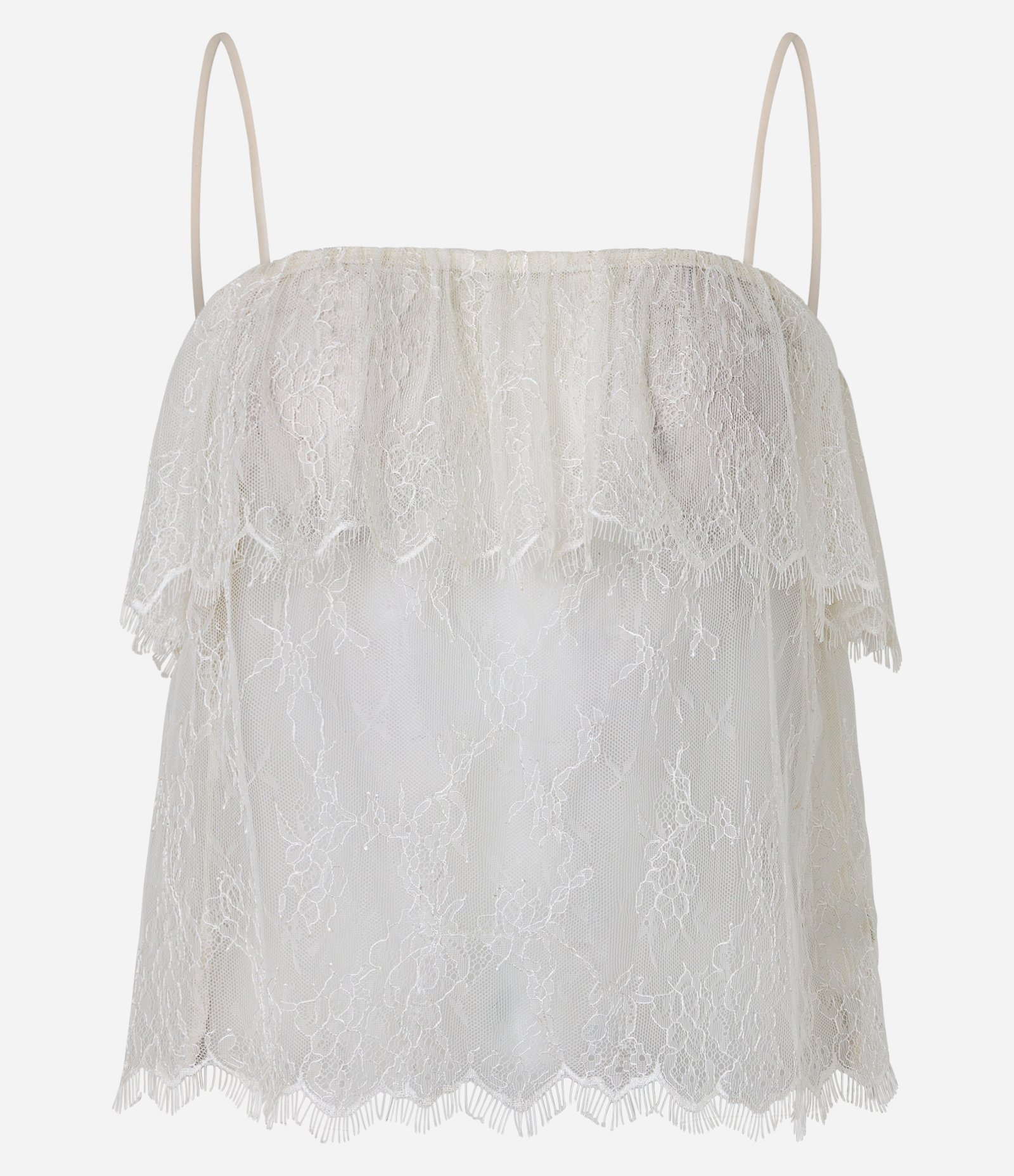 Blusa Curta em Renda com Sobreposição e Alças Finas Bege 1