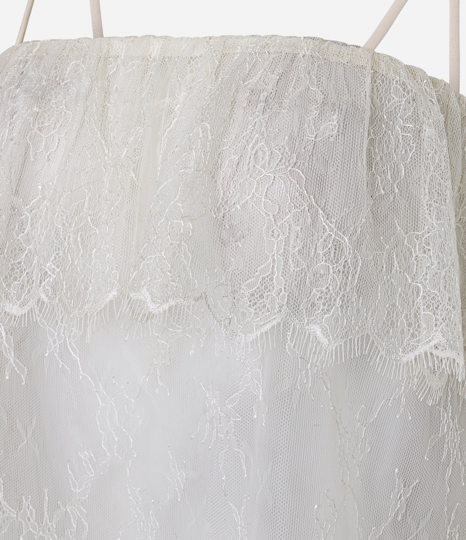 Blusa Curta em Renda com Sobreposição e Alças Finas Bege 2