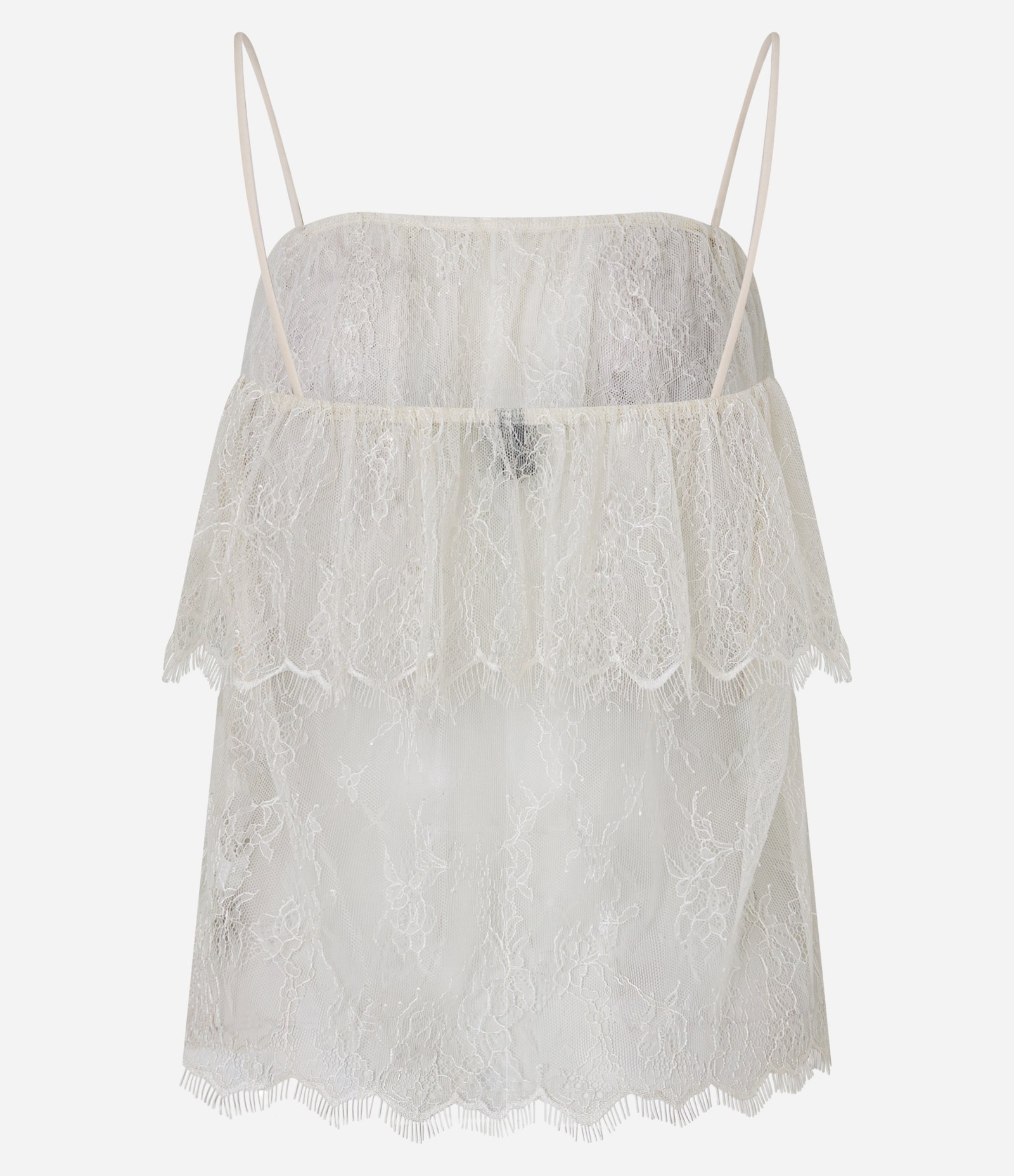 Blusa Curta em Renda com Sobreposição e Alças Finas Bege 3