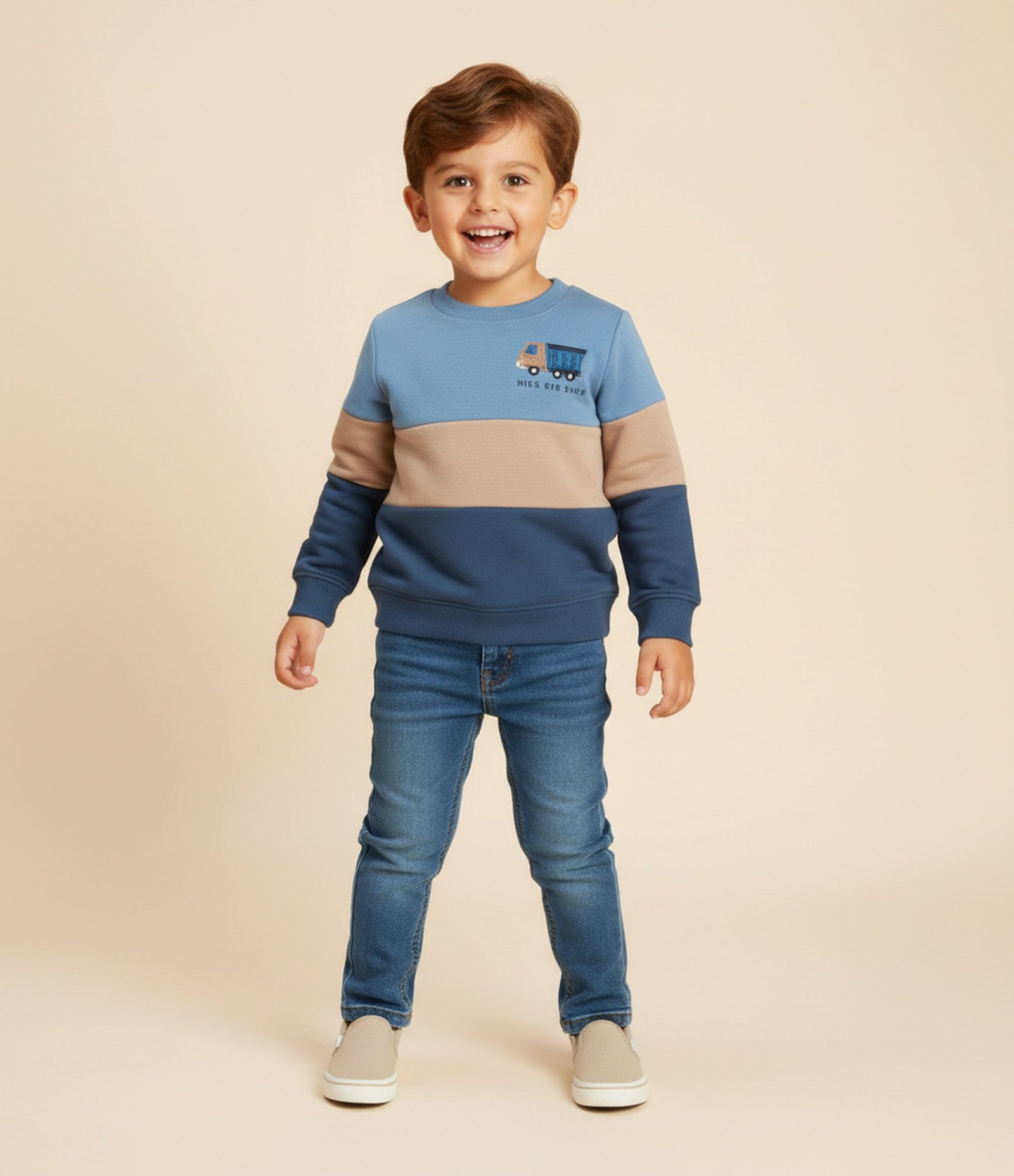 Blusao Infantil em Modal com Estampa Bloco de Cor e Bordado - Tam 1 a 6 Anos Azul Escuro/Marrom/Azul Claro 1