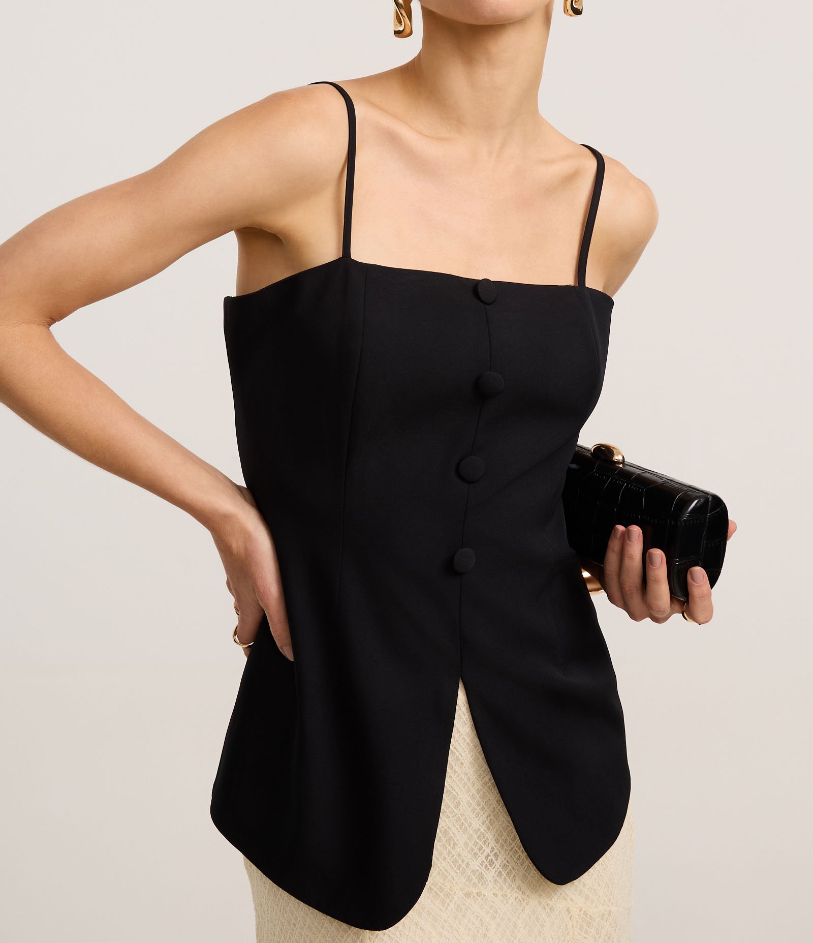 Blusa Alfaiatada de Alça com Decote Reto e Botões Forrados Preto 3