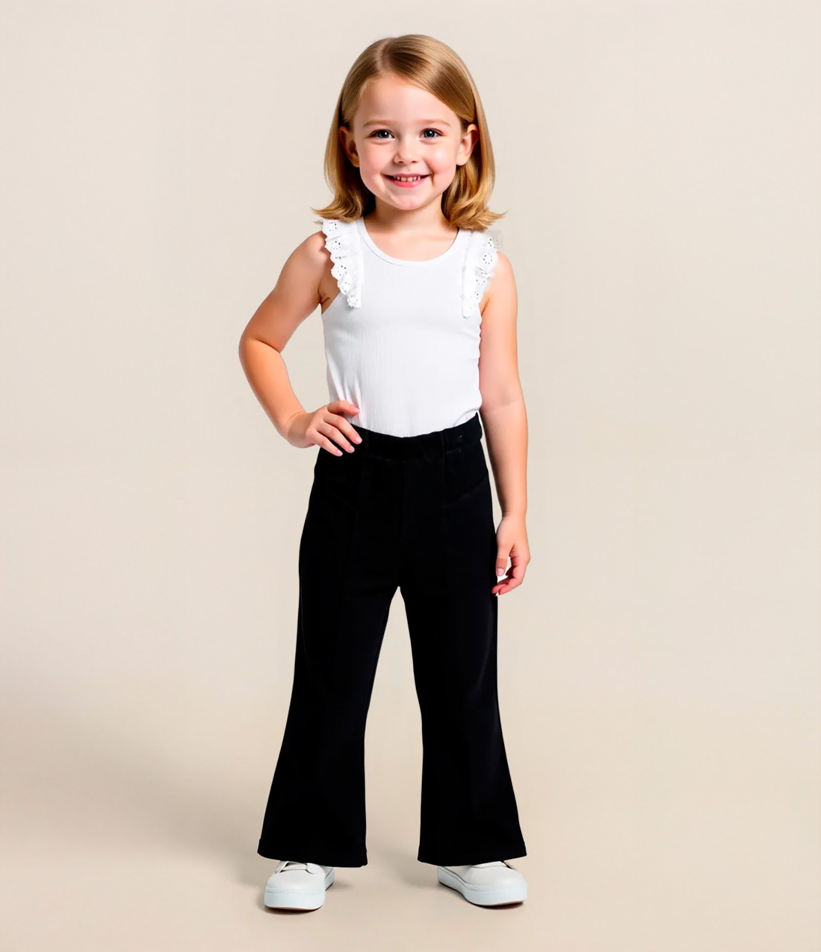 Calça Flare Infantil em Ribana com Recortes - Tam 1 a 6 Anos Preto 1