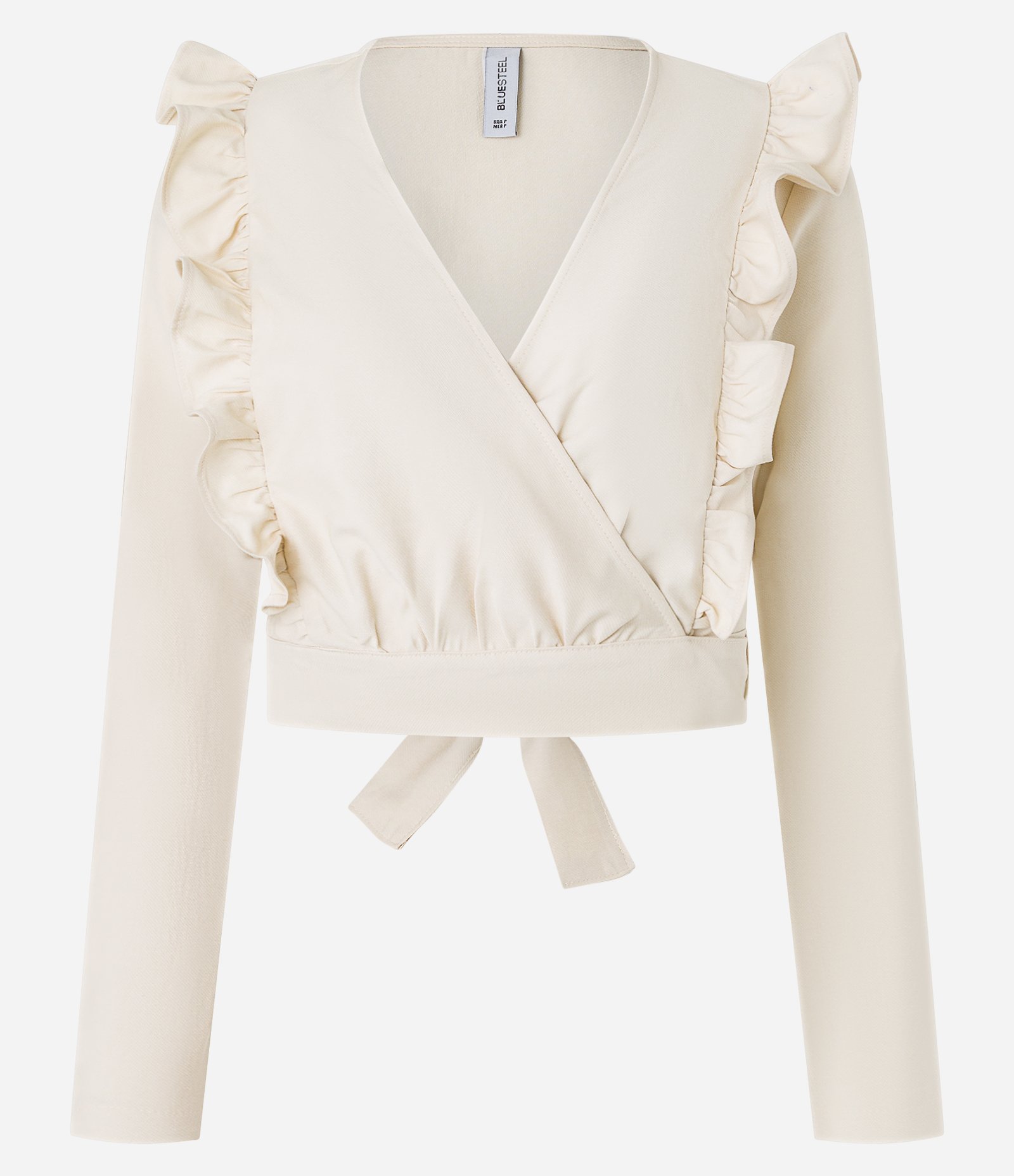 Blusa Cropped em Alfaiataria com Amarração e Babado Bege 5