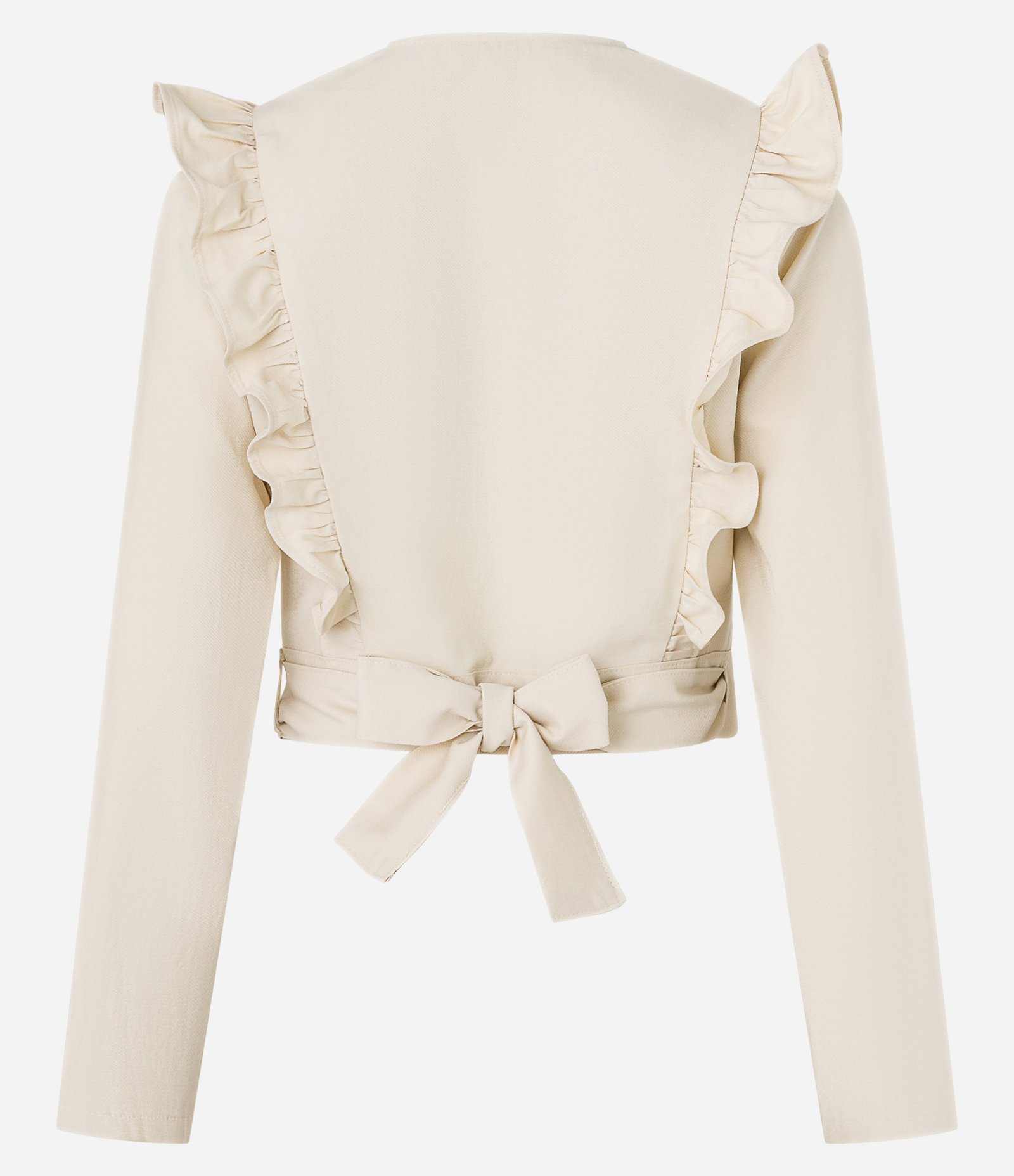 Blusa Cropped em Alfaiataria com Amarração e Babado Bege 6