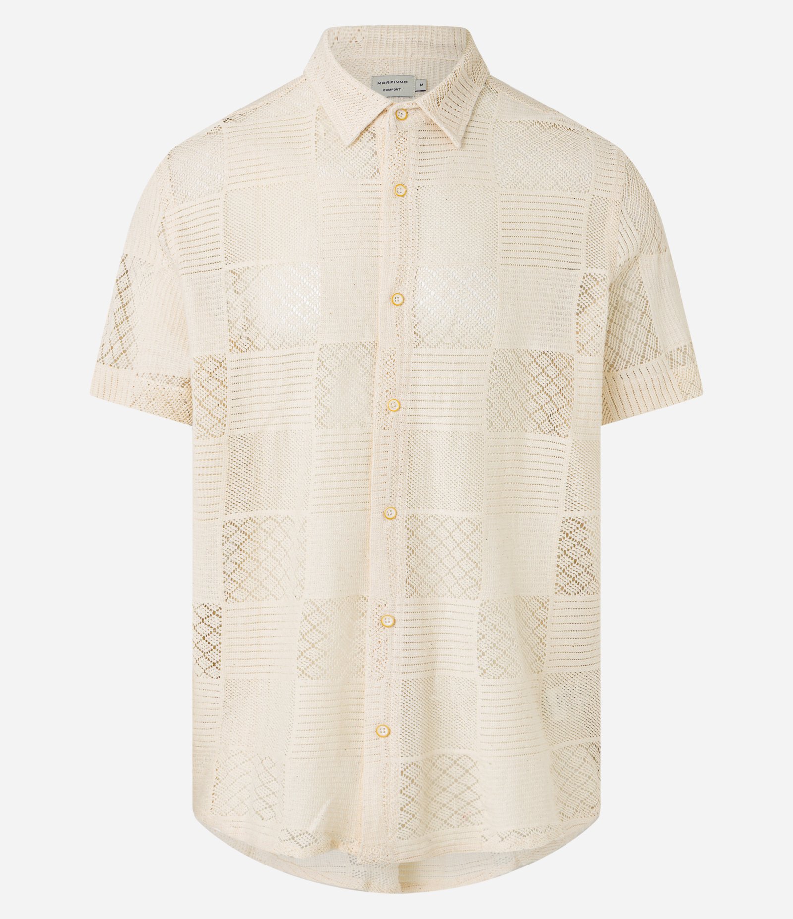 Camisa Comfort em Algodão com Textura Patchwork Quadriculada Bege 7
