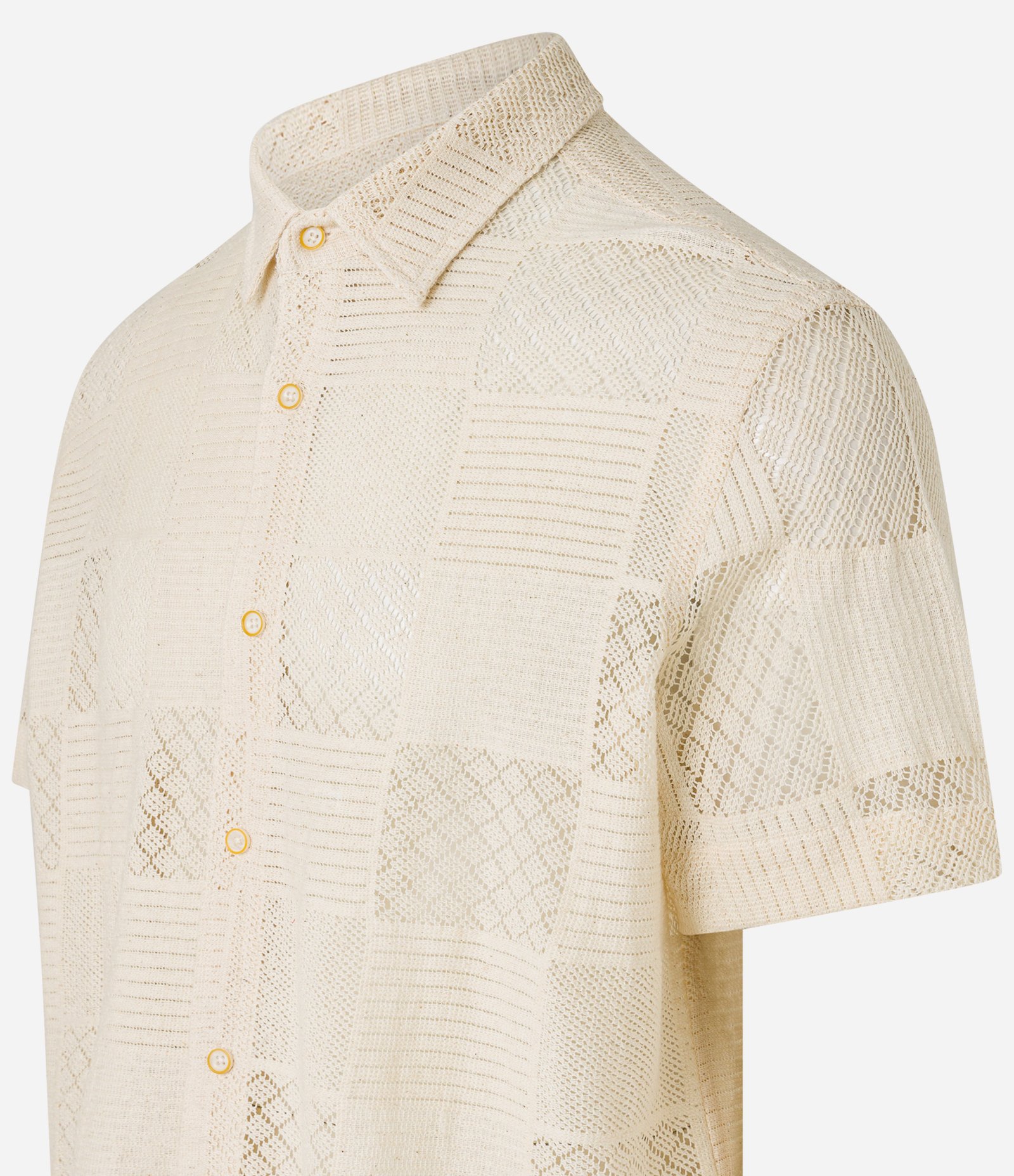 Camisa Comfort em Algodão com Textura Patchwork Quadriculada Bege 8