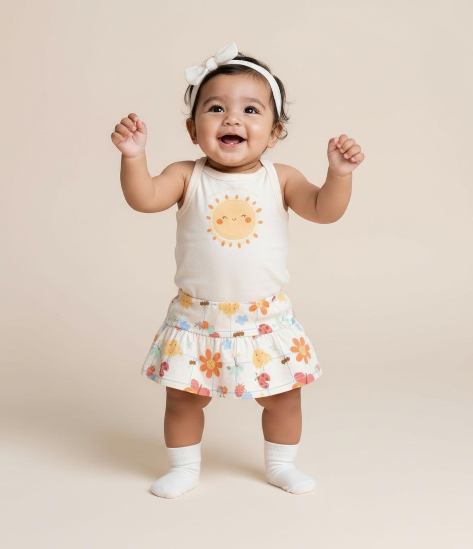 Conjunto Infantil com Estampa Solzinho e Flores - Tam 0 a 18 meses Bege 1