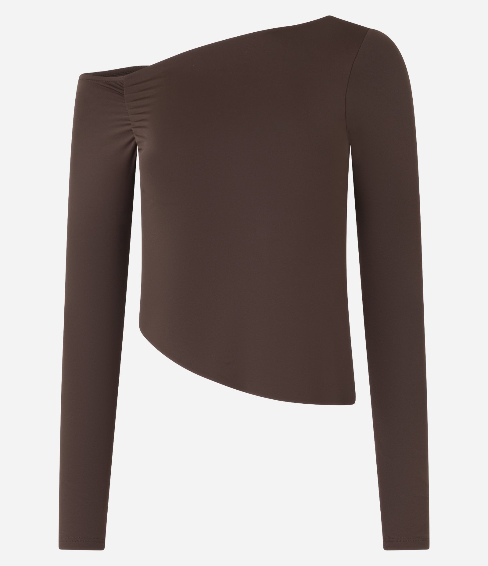Blusa em Microfibra com Decote Assimétrico e Drapeado na Cava Marrom 4