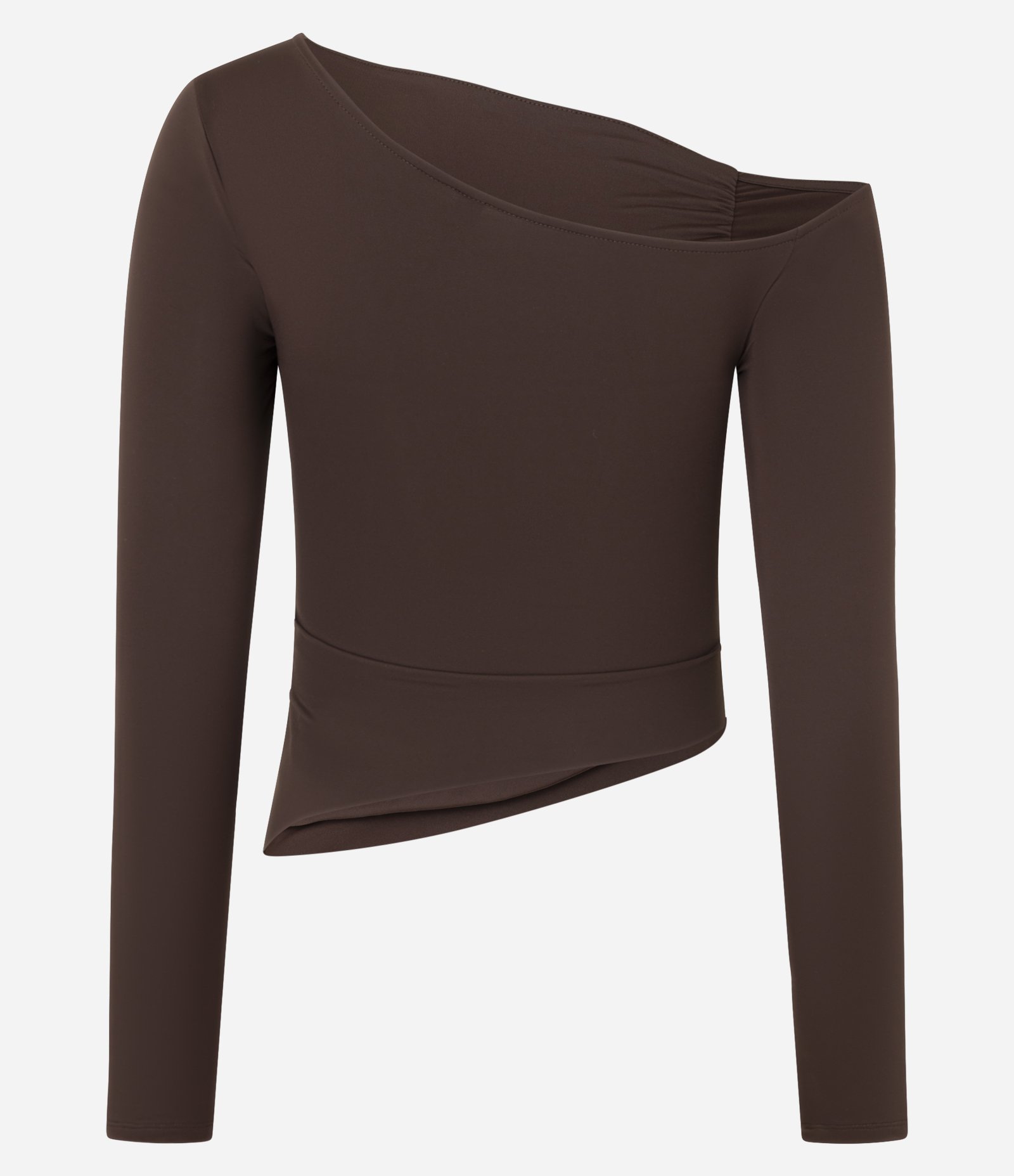 Blusa em Microfibra com Decote Assimétrico e Drapeado na Cava Marrom 5