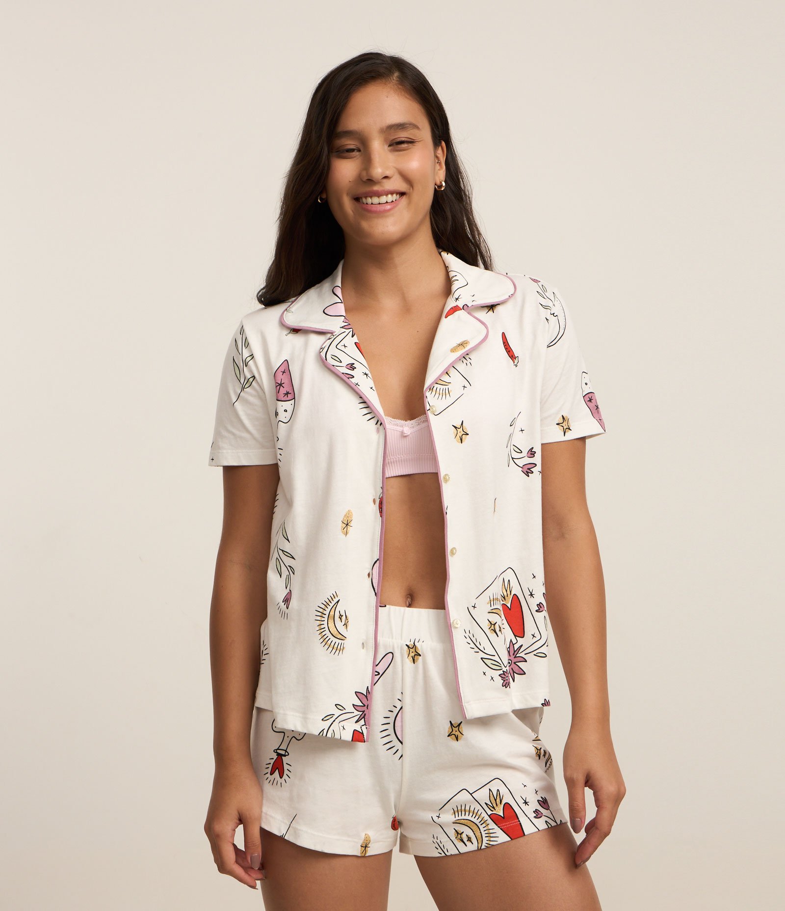 Pijama Short Doll Americano em Algodão com Estampa de Coração Branco 2