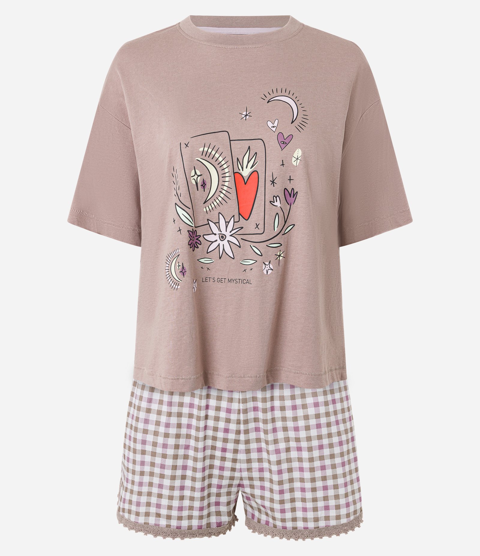 Pijama Short Doll em Algodão com Estampa Mística e Short Xadrez Vichy Marrom 4