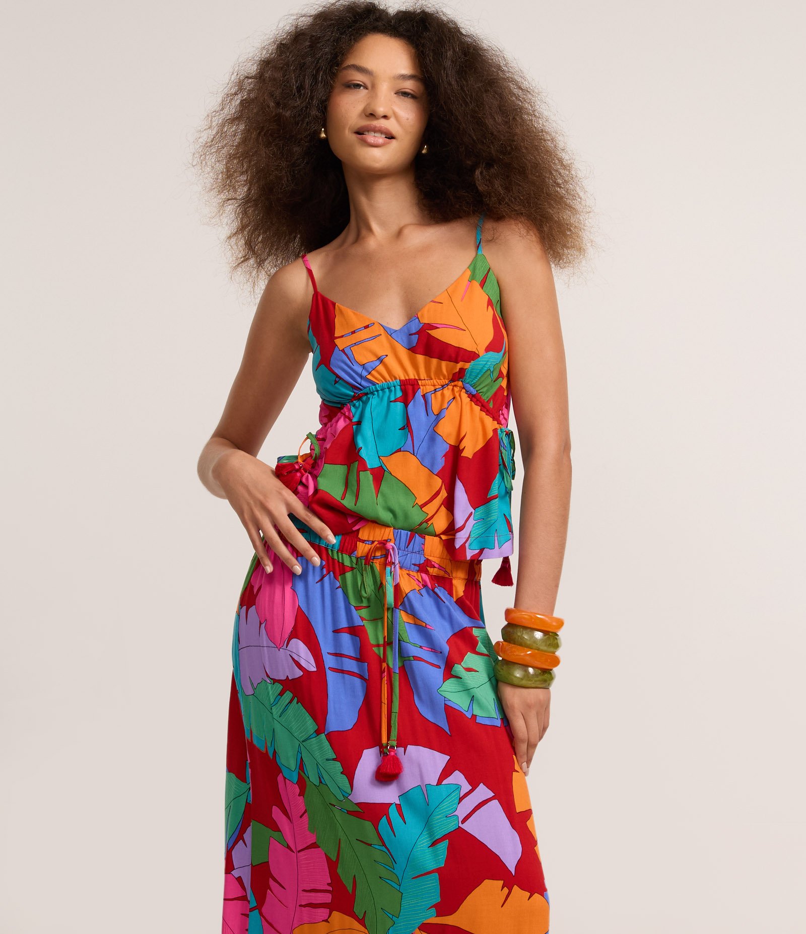 Saia Long Midi em Cambraia com Estampa Tropical Vermelho 2