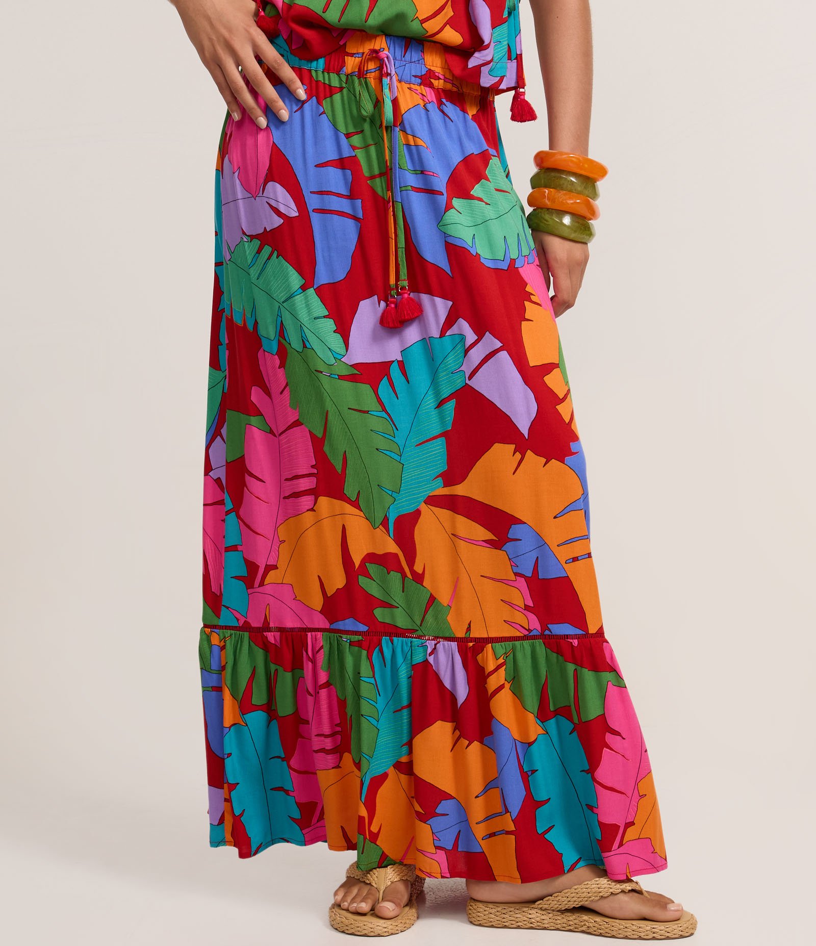 Saia Long Midi em Cambraia com Estampa Tropical Vermelho 3