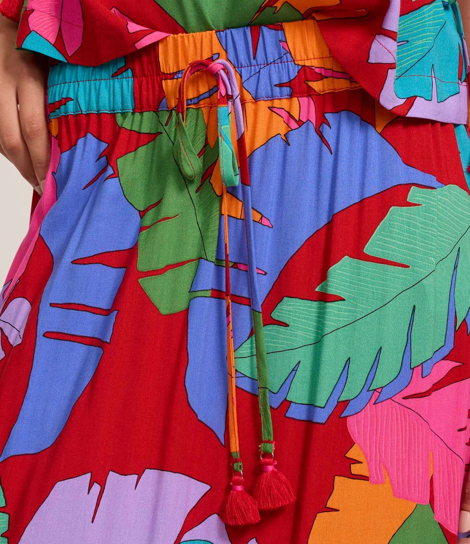 Saia Long Midi em Cambraia com Estampa Tropical Vermelho 4