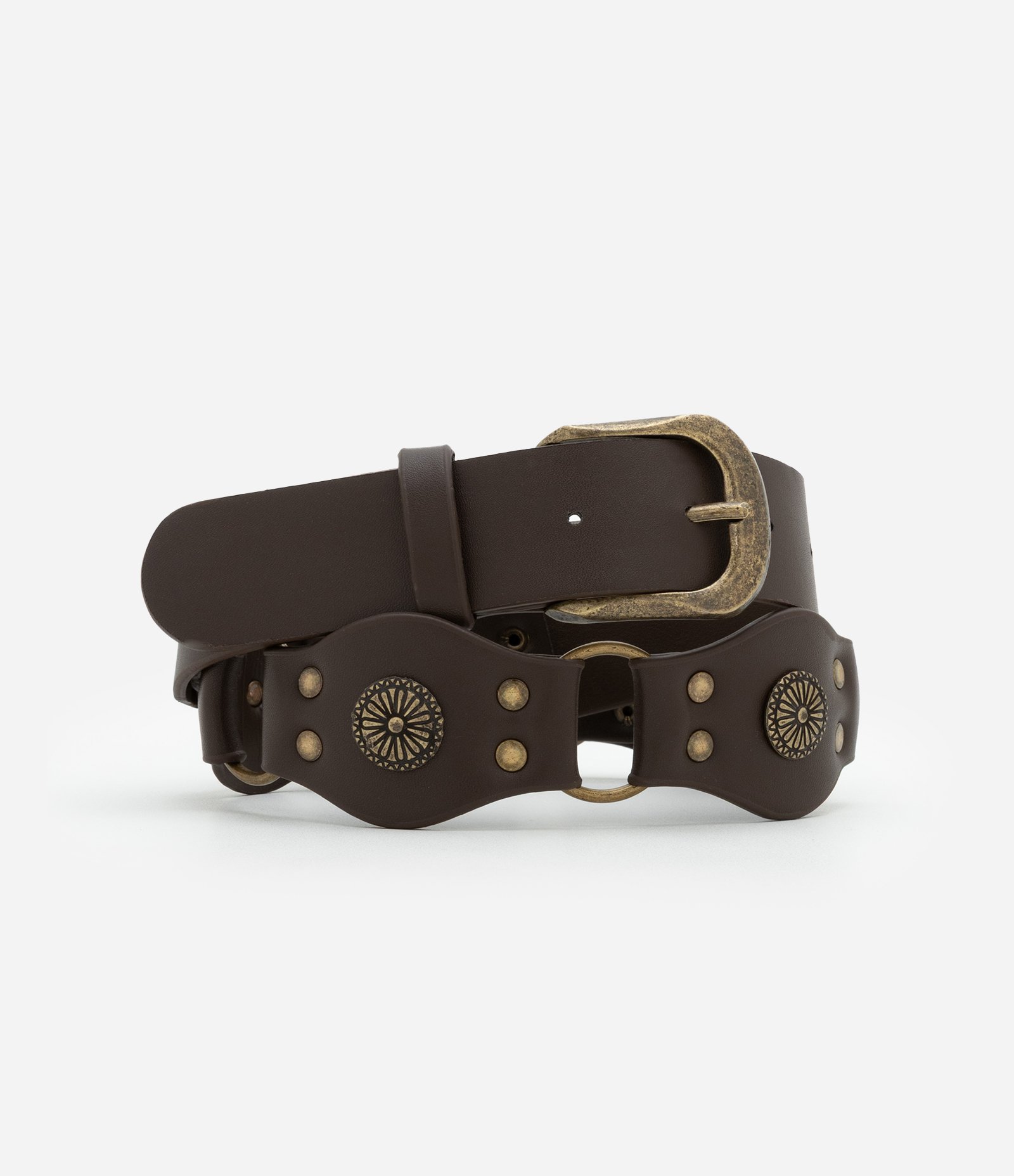 Cinto Boho Médio em PU com Detalhes de Metal Envelhecido Marrom 1