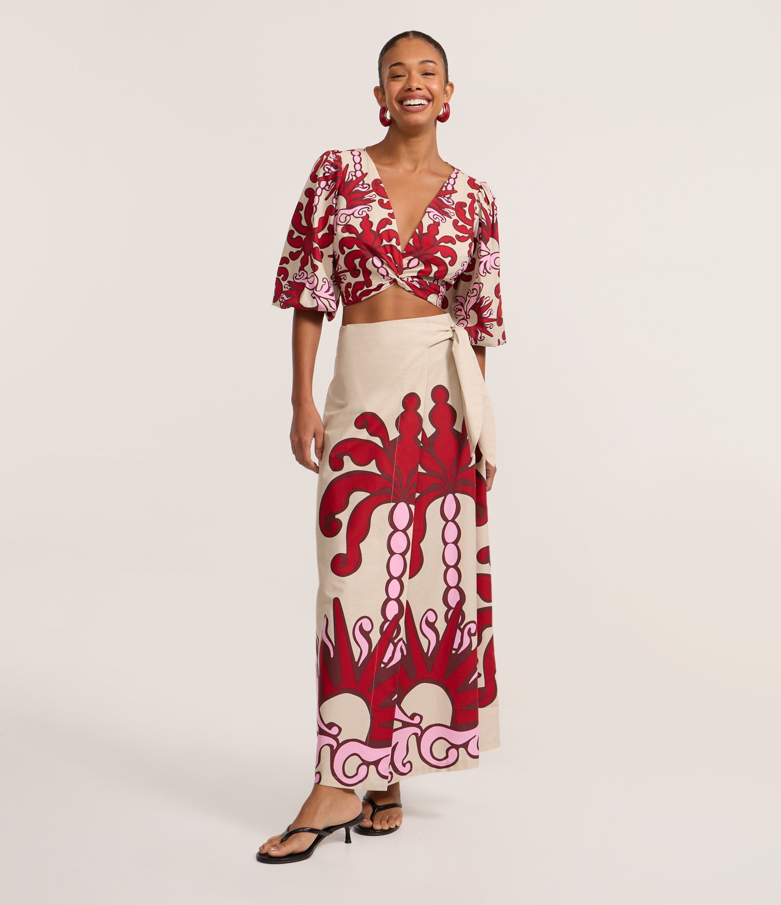 Saia Envelope Long Midi em Tricoline com Estampa Coqueiro Bege 1