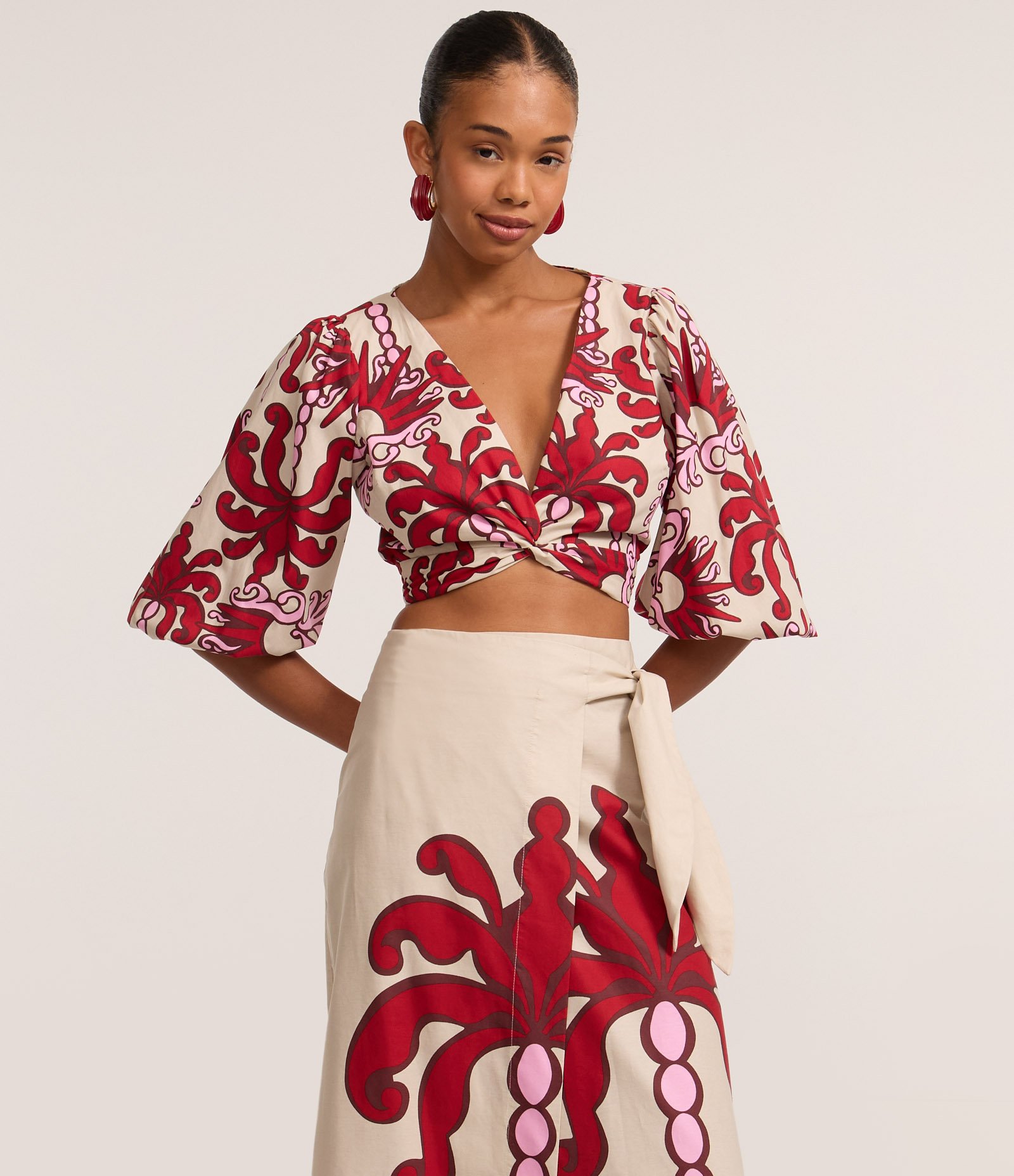 Saia Envelope Long Midi em Tricoline com Estampa Coqueiro Bege 2