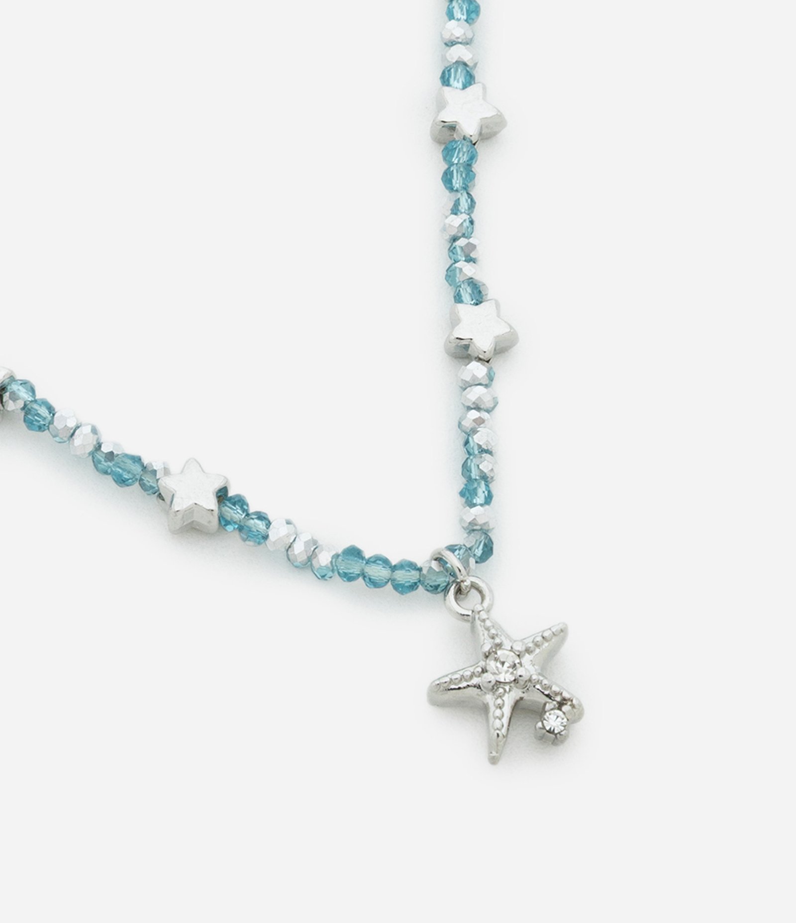 Colar Curto com Mini Cristais Artificiais Lapidados e Pingentes de Estrelas Azul/Prata 1