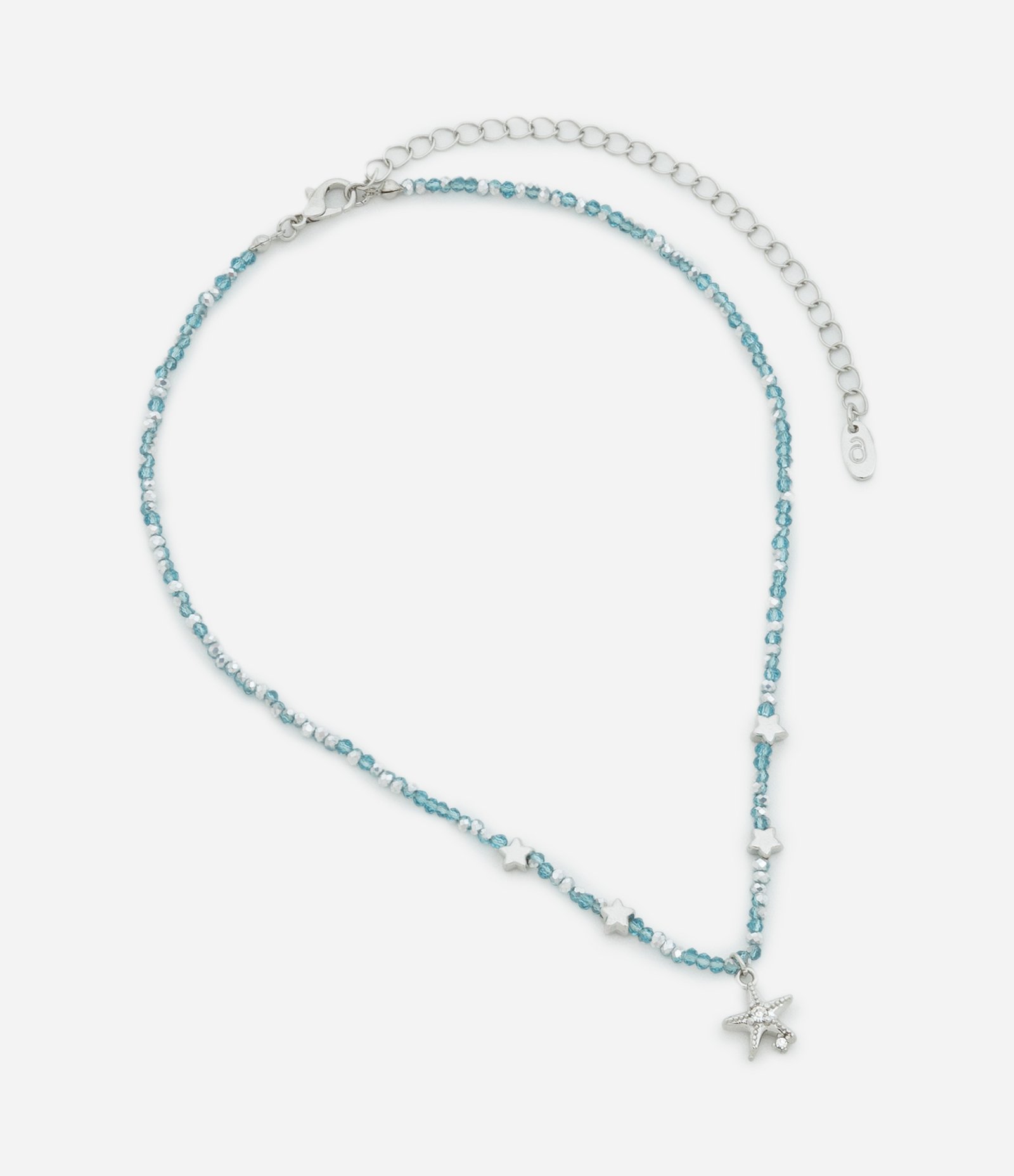 Colar Curto com Mini Cristais Artificiais Lapidados e Pingentes de Estrelas Azul/Prata 2