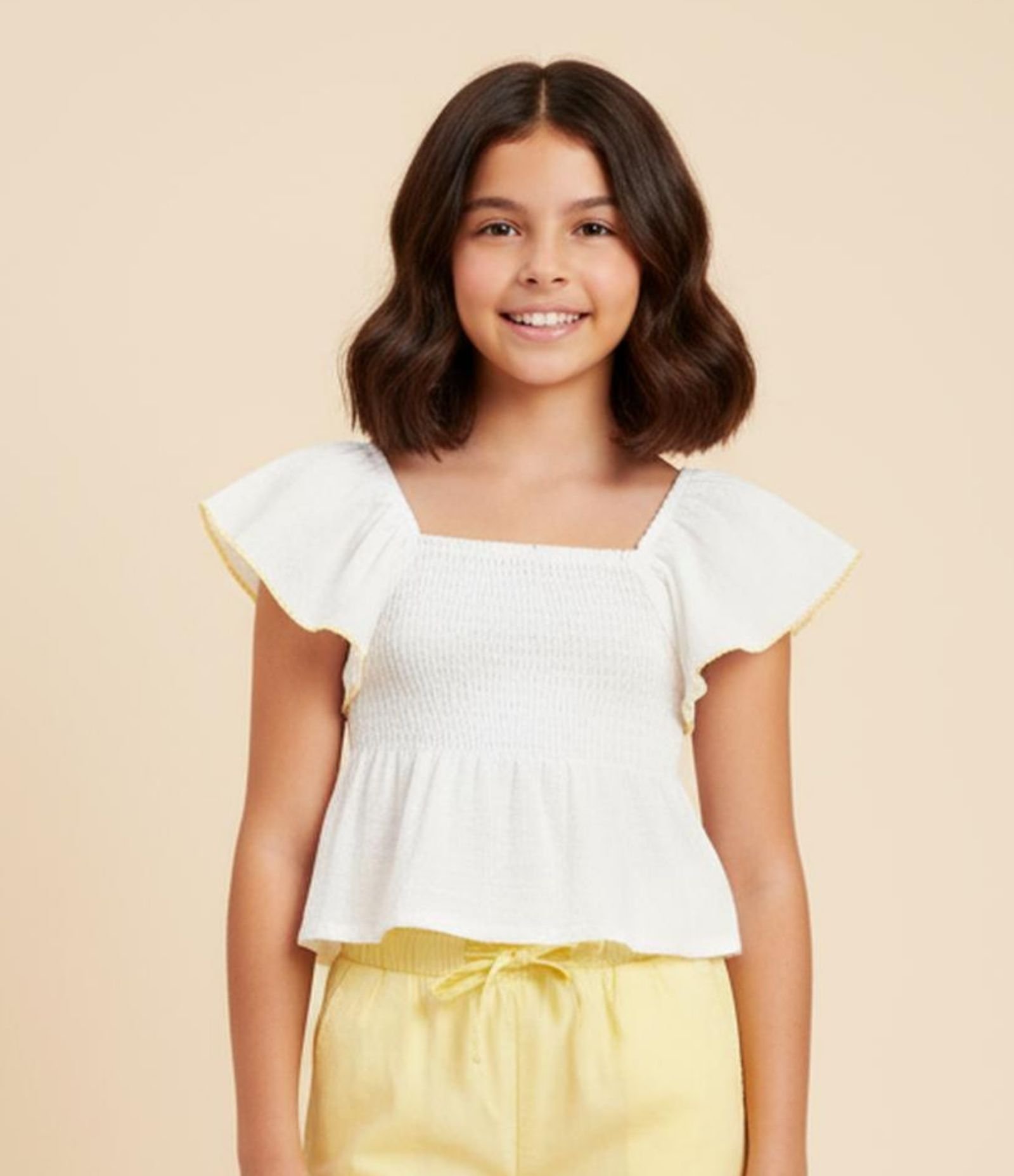 Blusa Infantil com Babados e Viés Contrastante - Tam 7 a 14 Anos Branco 1