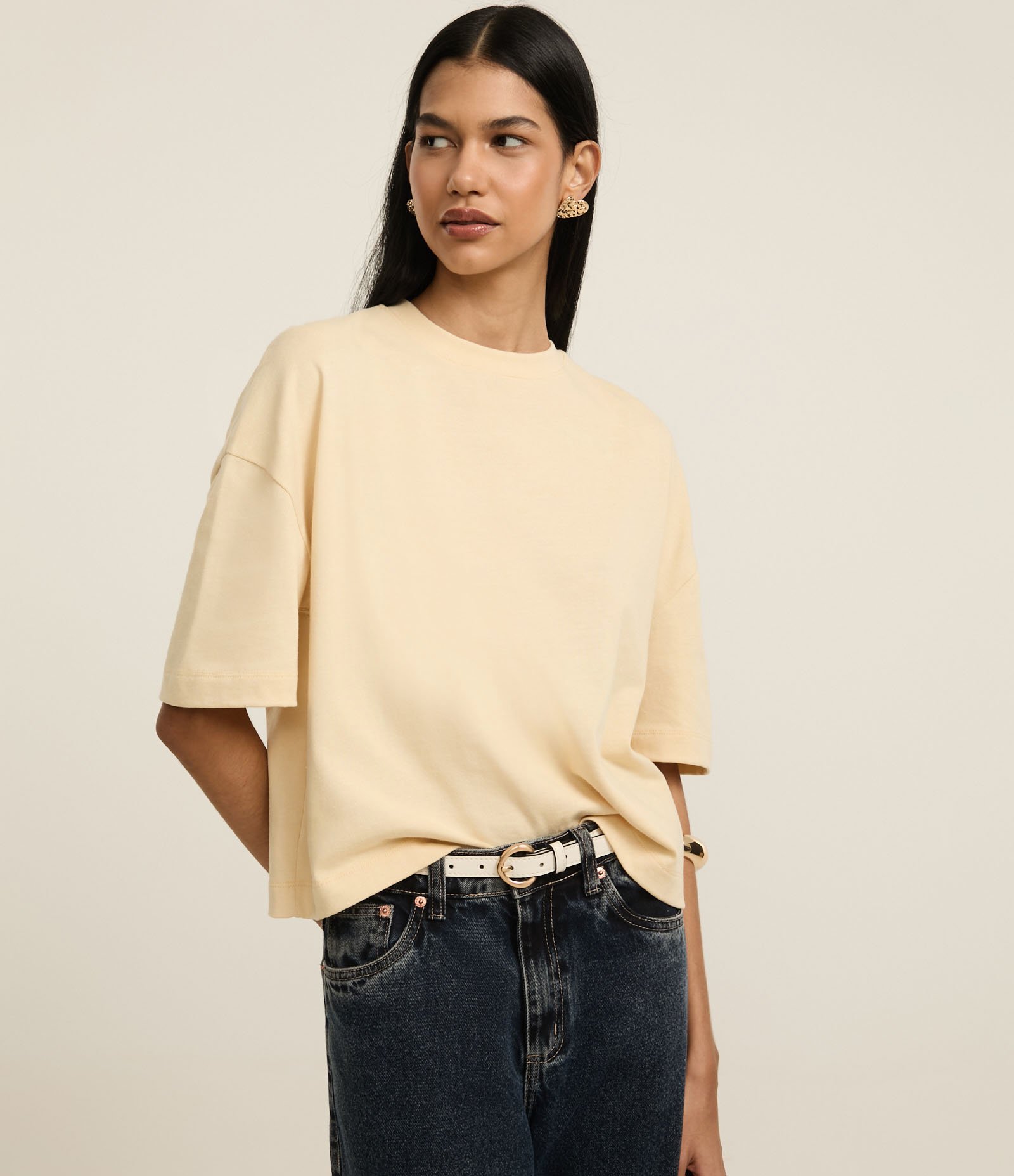 Camiseta Boxy em Algodão com Gola Redonda Amarelo 1