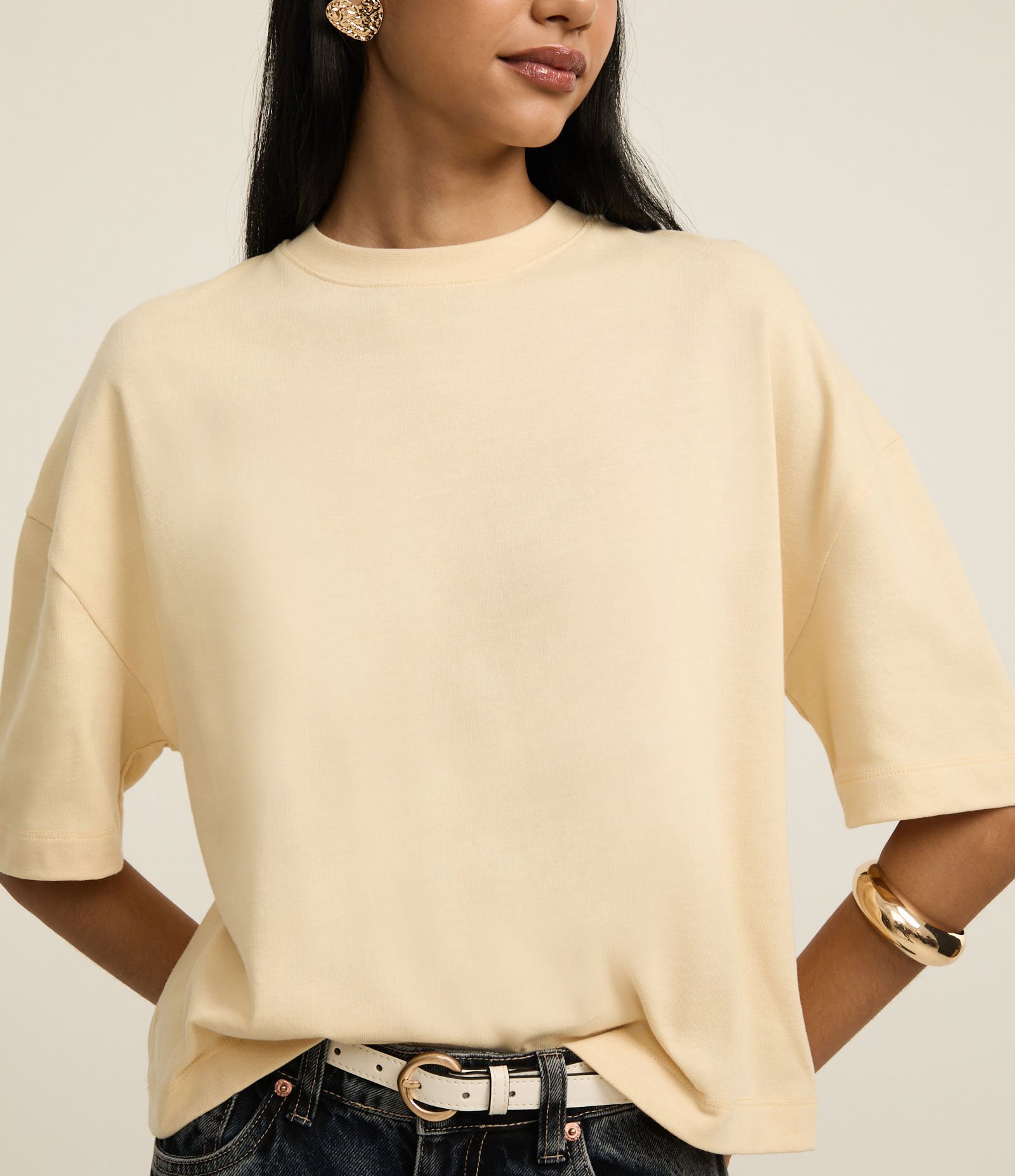 Camiseta Boxy em Algodão com Gola Redonda Amarelo 3