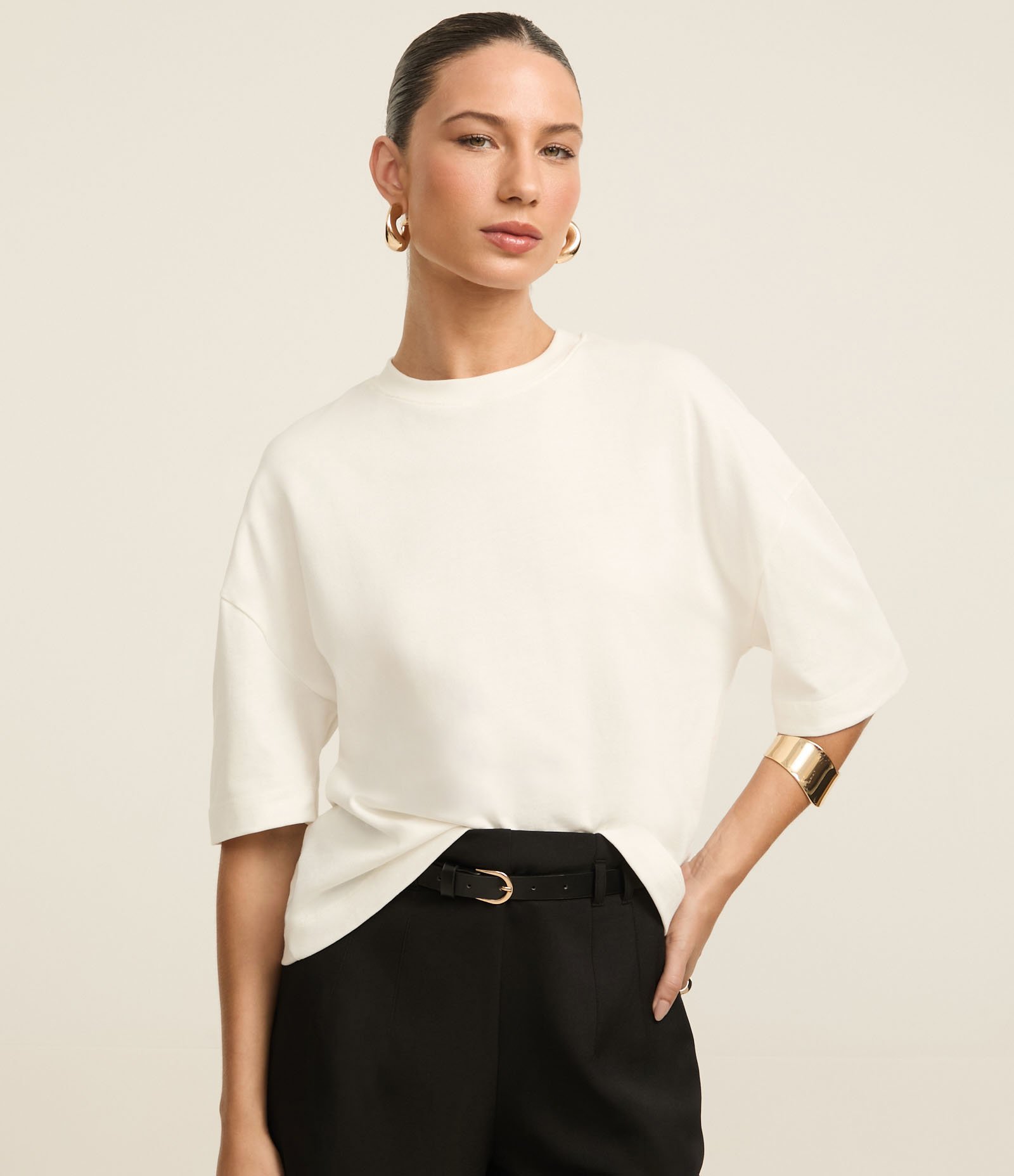 Camiseta Boxy em Algodão com Gola Redonda Off White 1