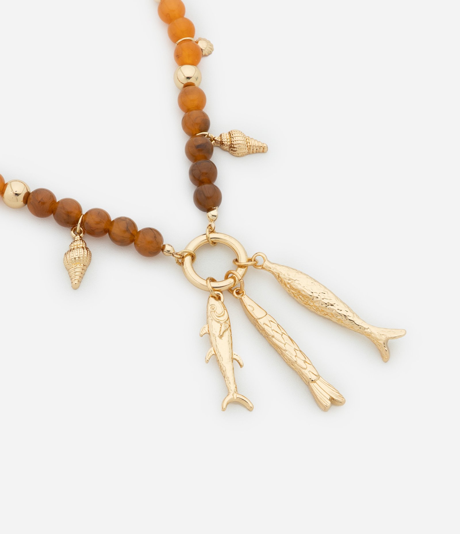 Colar Médio com Corrente de Miçangas e Pingentes Fundo do Mar Marrom/Dourado 2