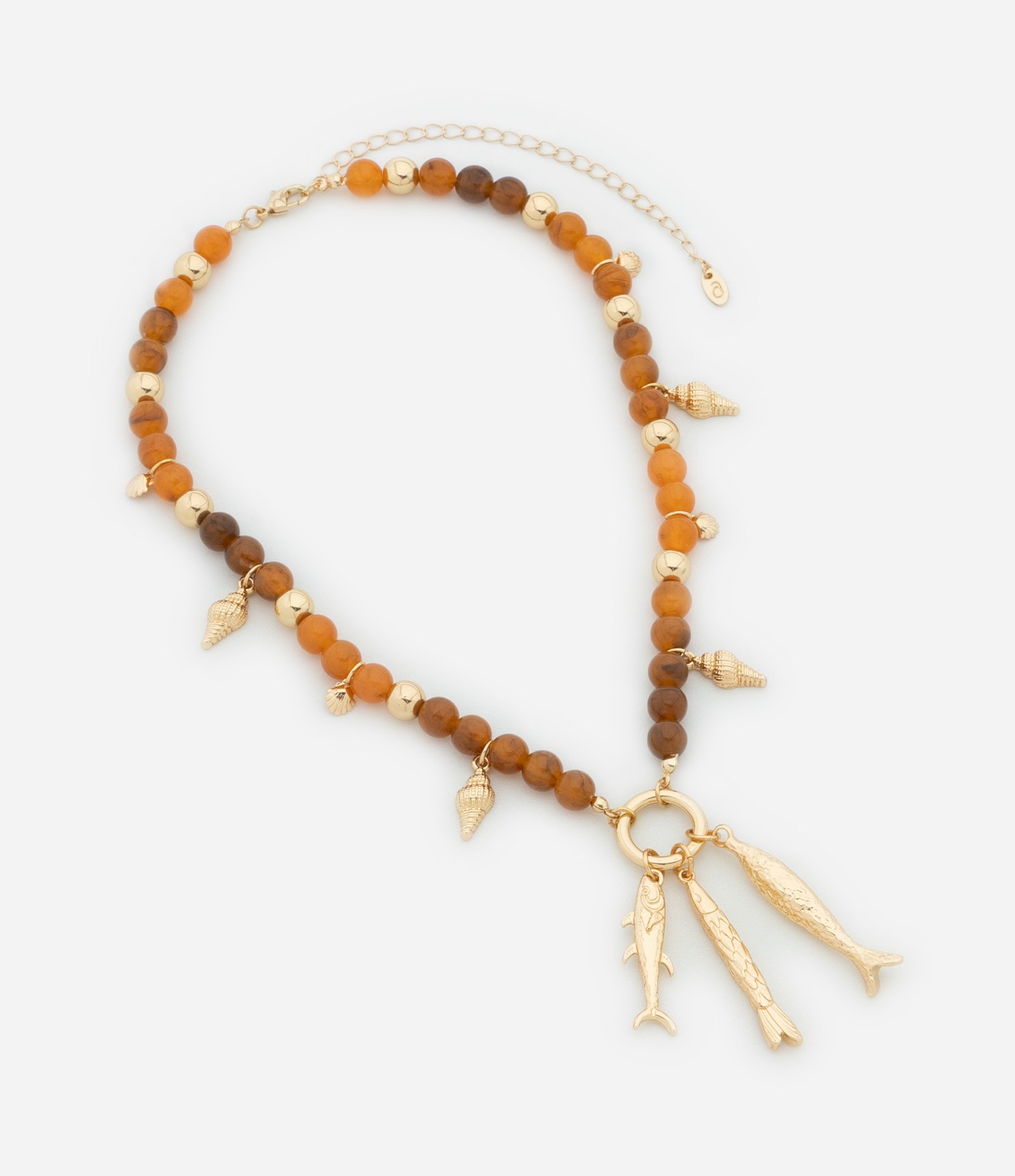 Colar Médio com Corrente de Miçangas e Pingentes Fundo do Mar Marrom/Dourado 3