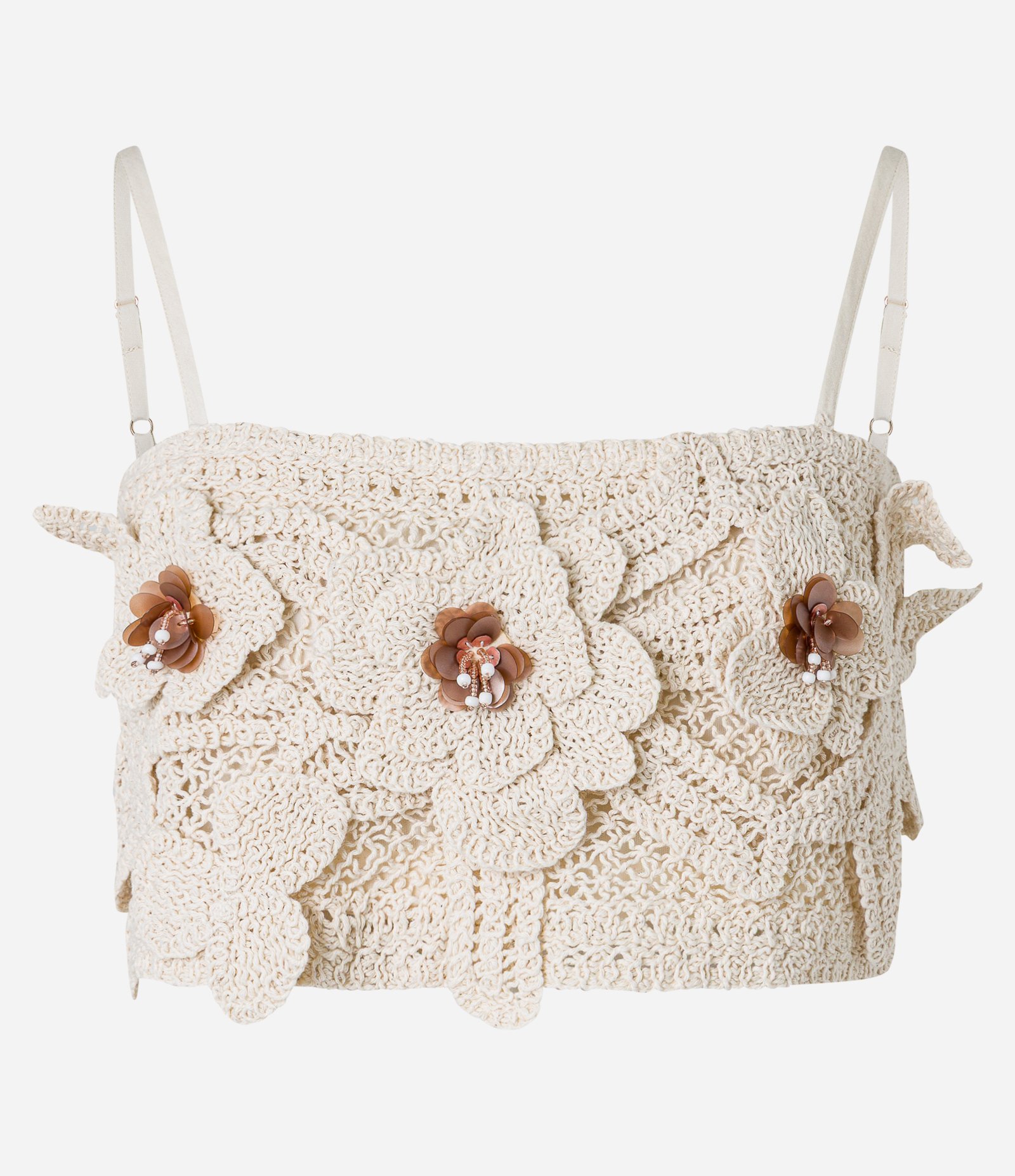 Blusa Cropped de Alça em Tricô com Flores Aplicadas Bege 5