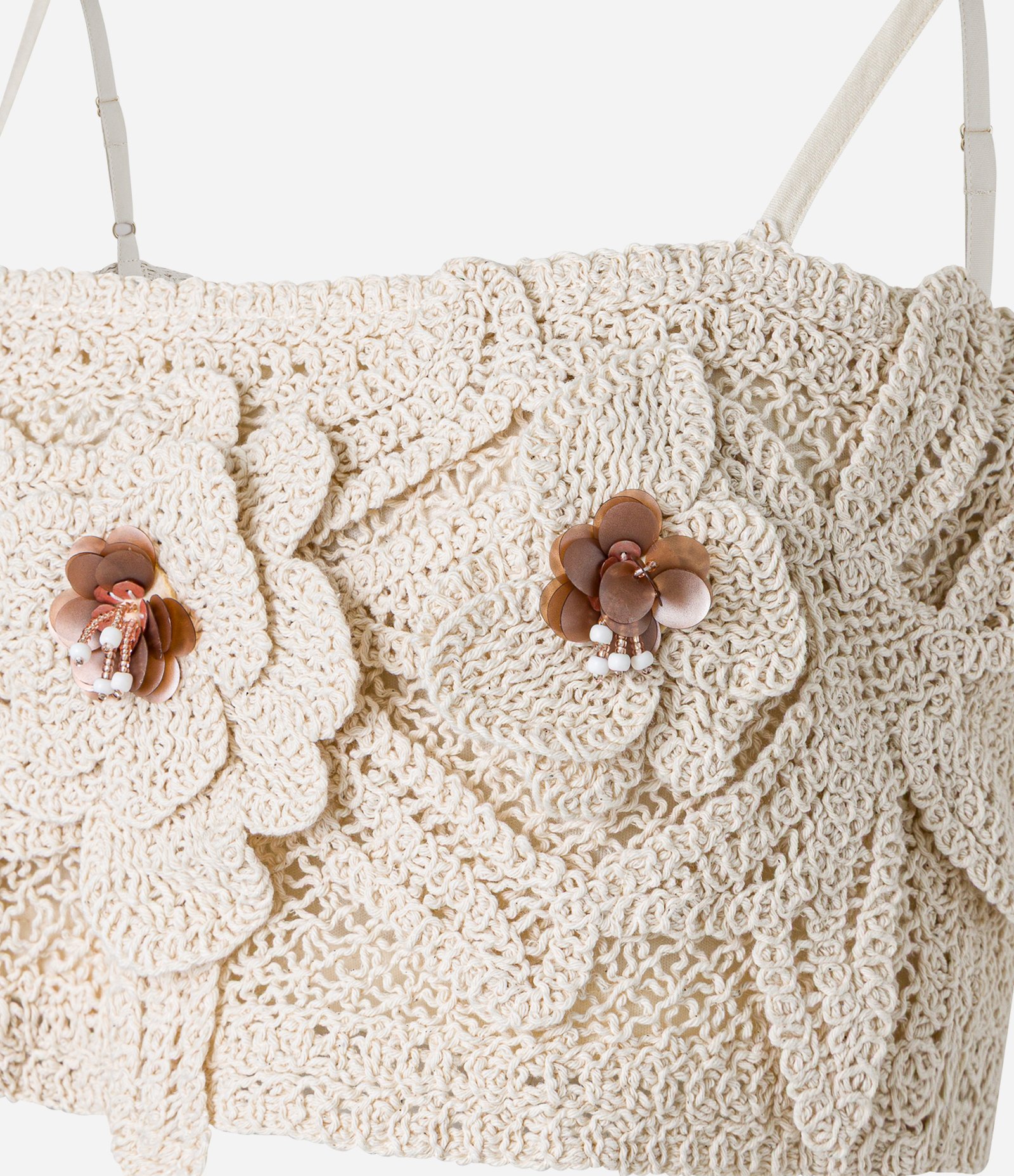 Blusa Cropped de Alça em Tricô com Flores Aplicadas Bege 6