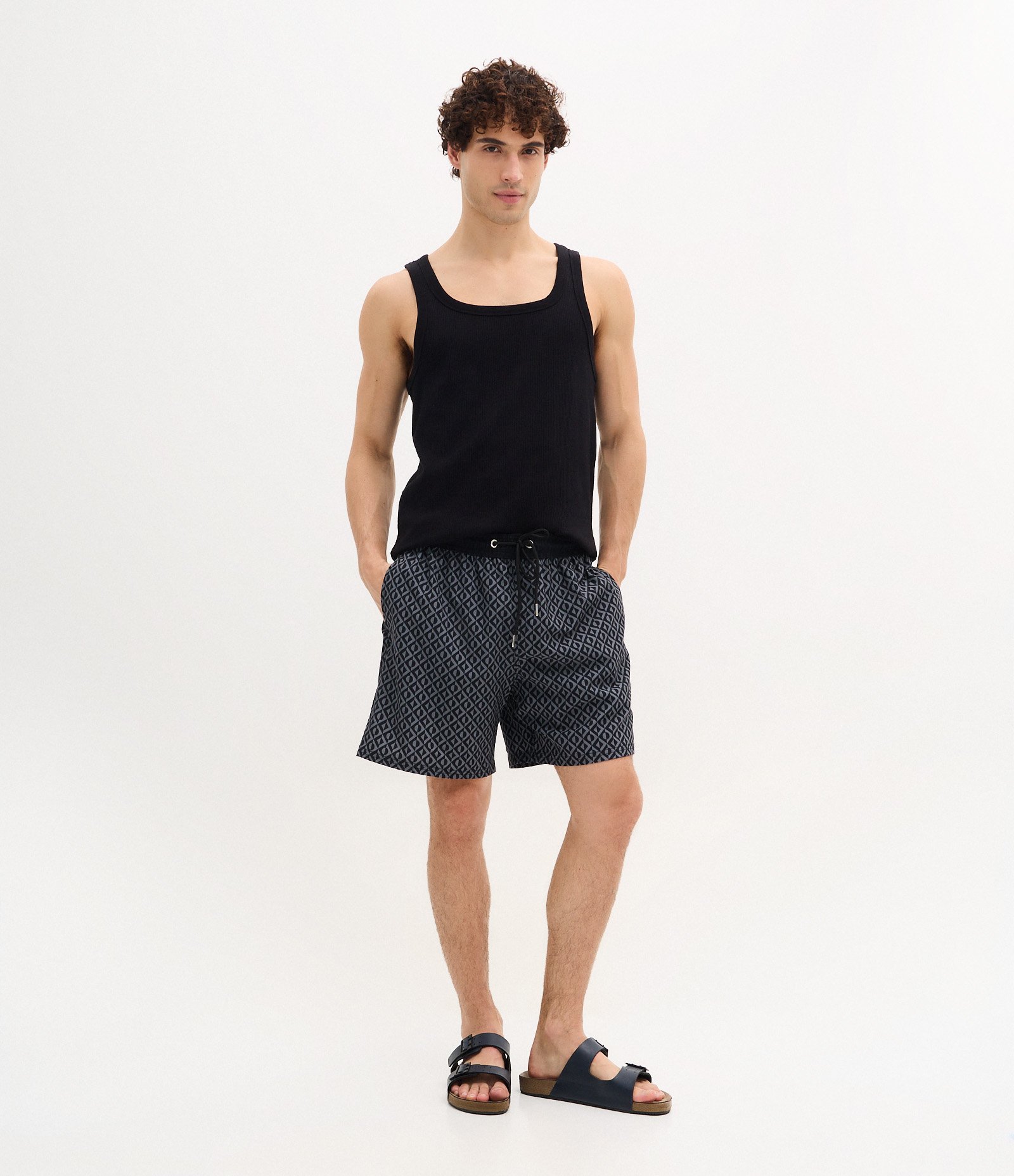 Bermuda de Banho em Microfibra com Estampa Geométrica Preto 1