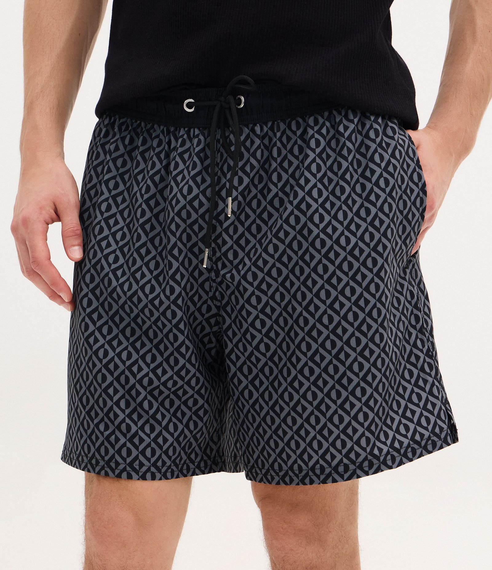 Bermuda de Banho em Microfibra com Estampa Geométrica Preto 2