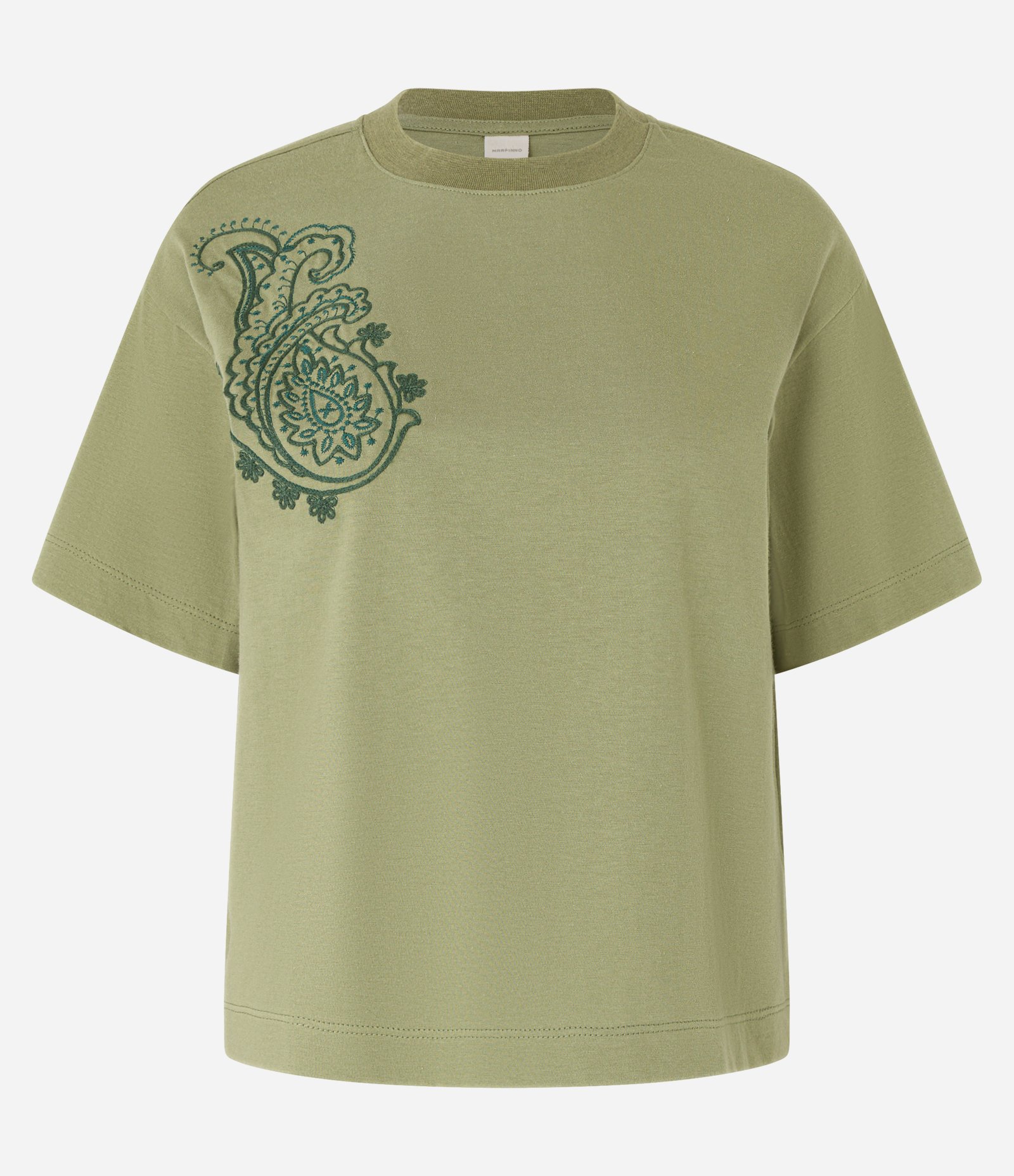Camiseta Boxy em Algodão com Bordado Paisley no Ombro Verde 5