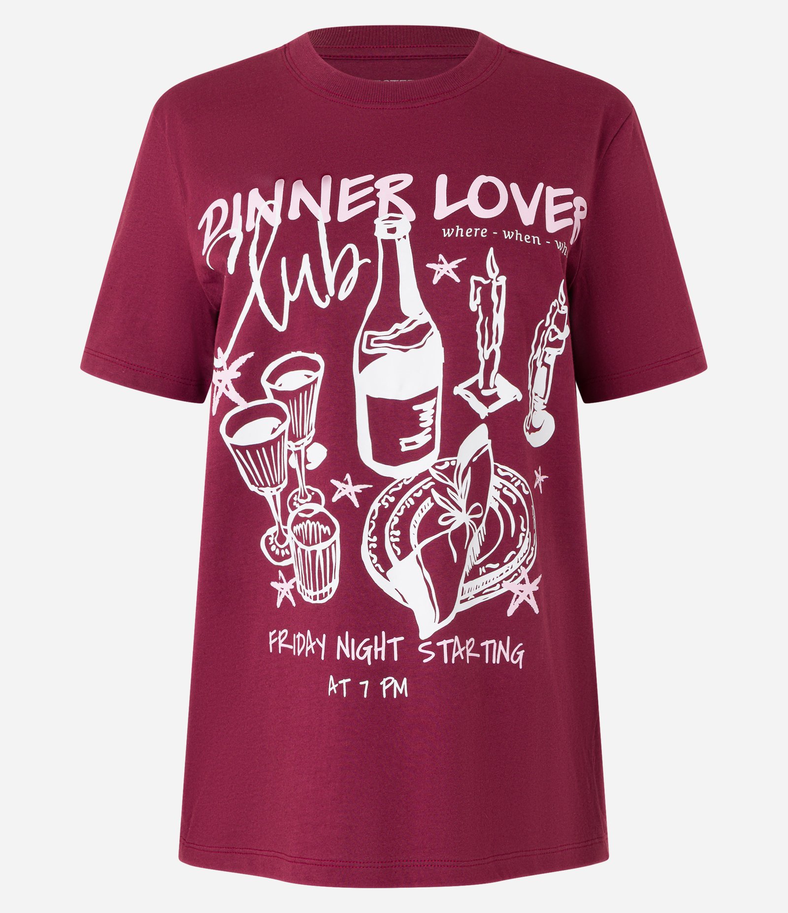 Camiseta Alongada em Algodão com Estampa Dinner Lover Bordô 6