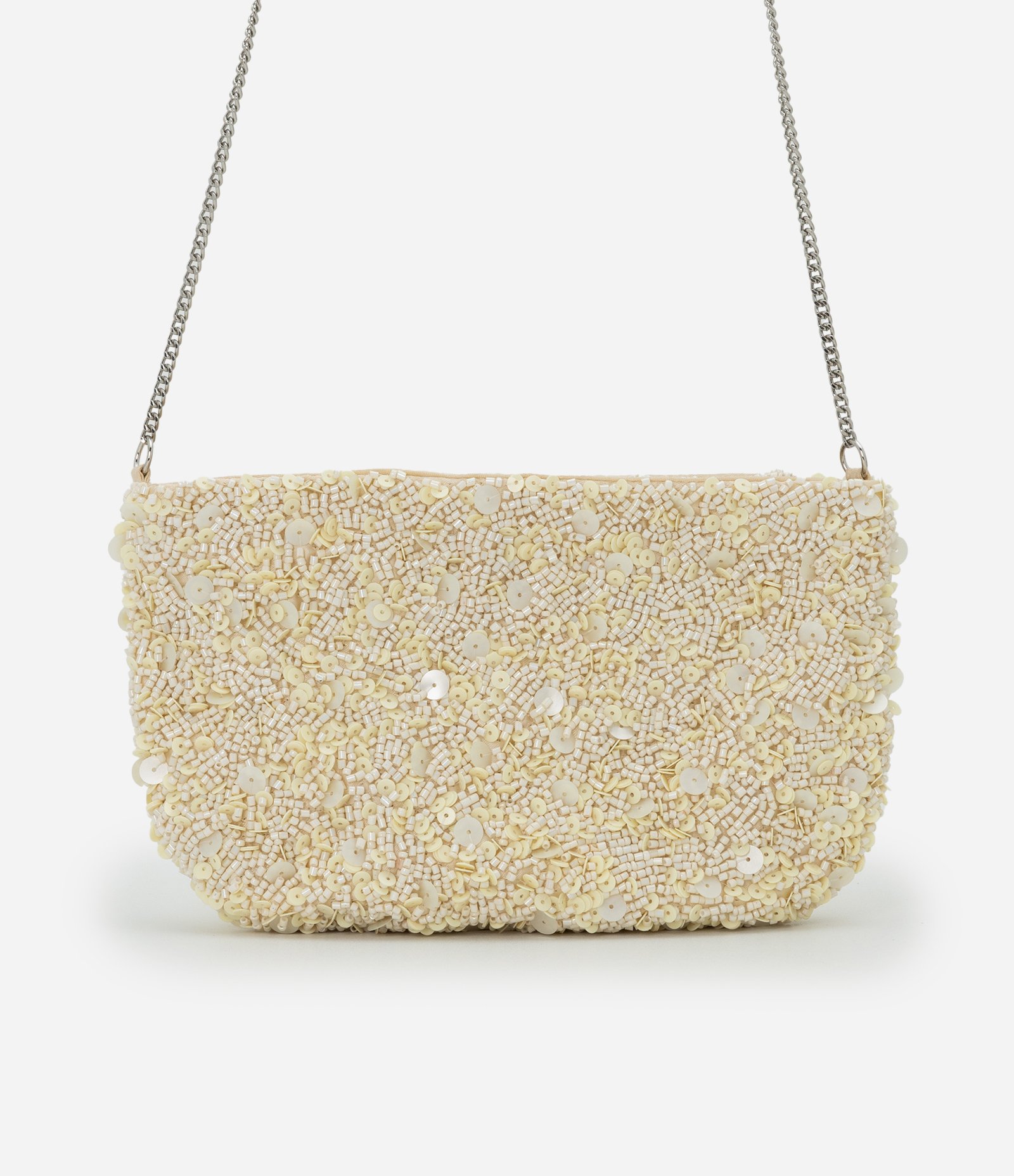 Bolsa Transversal Pequena em Paetês e Miçangas e Alça de Corrente Off White 3