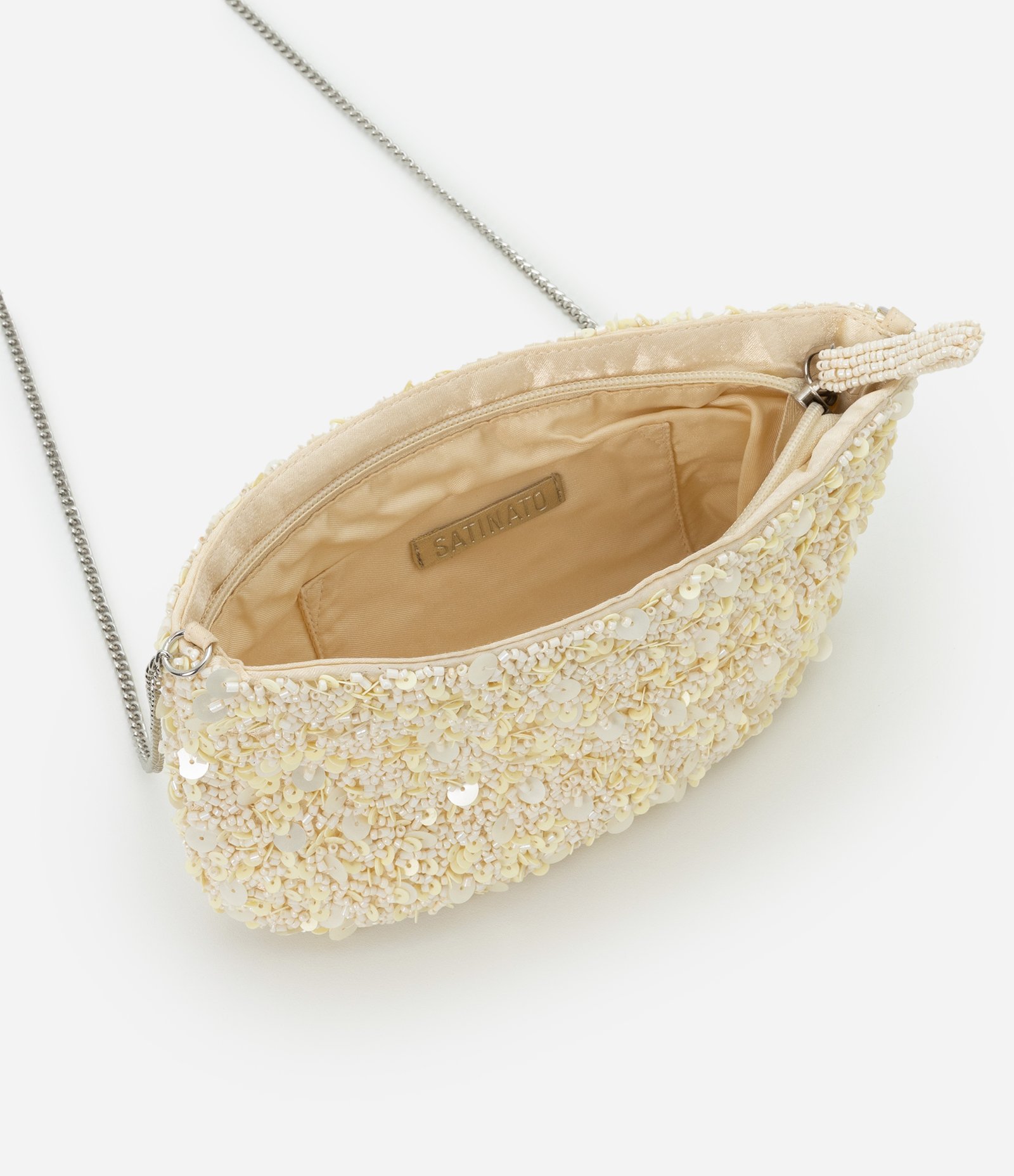 Bolsa Transversal Pequena em Paetês e Miçangas e Alça de Corrente Off White 5