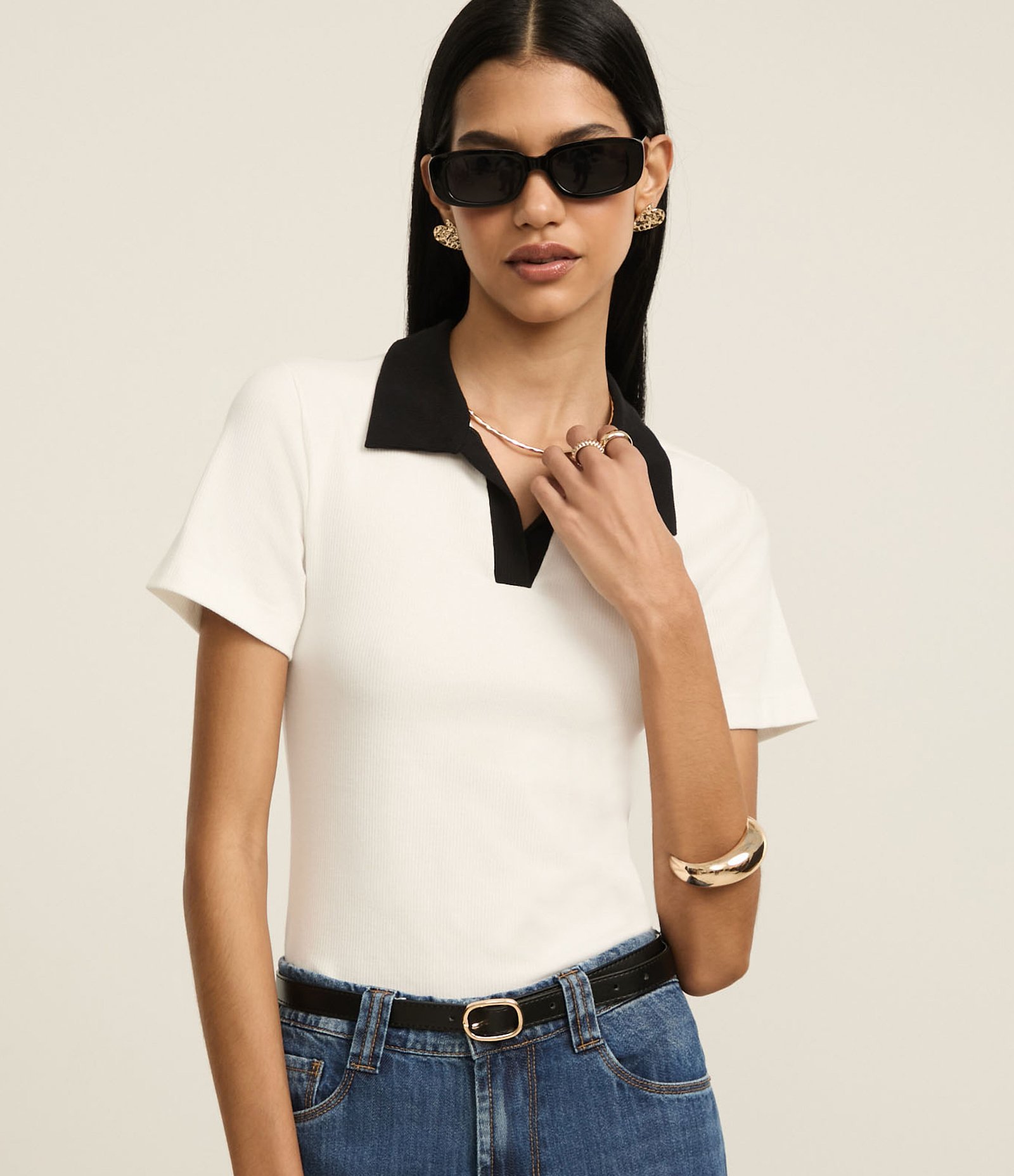 Blusa Canelada em Ribana com Gola Polo Contrastante Off White 1