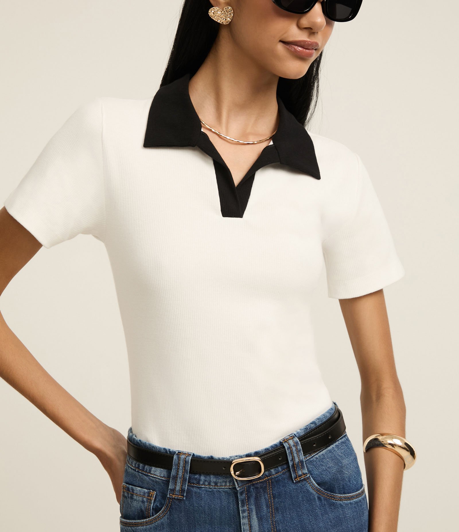 Blusa Canelada em Ribana com Gola Polo Contrastante Off White 3