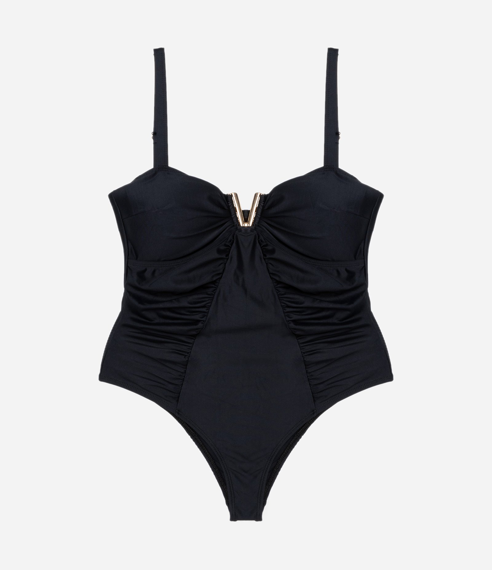 Maiô e Microfibra com Bojo Decote em V e Franzidos Curve & Plus Size Preto 5