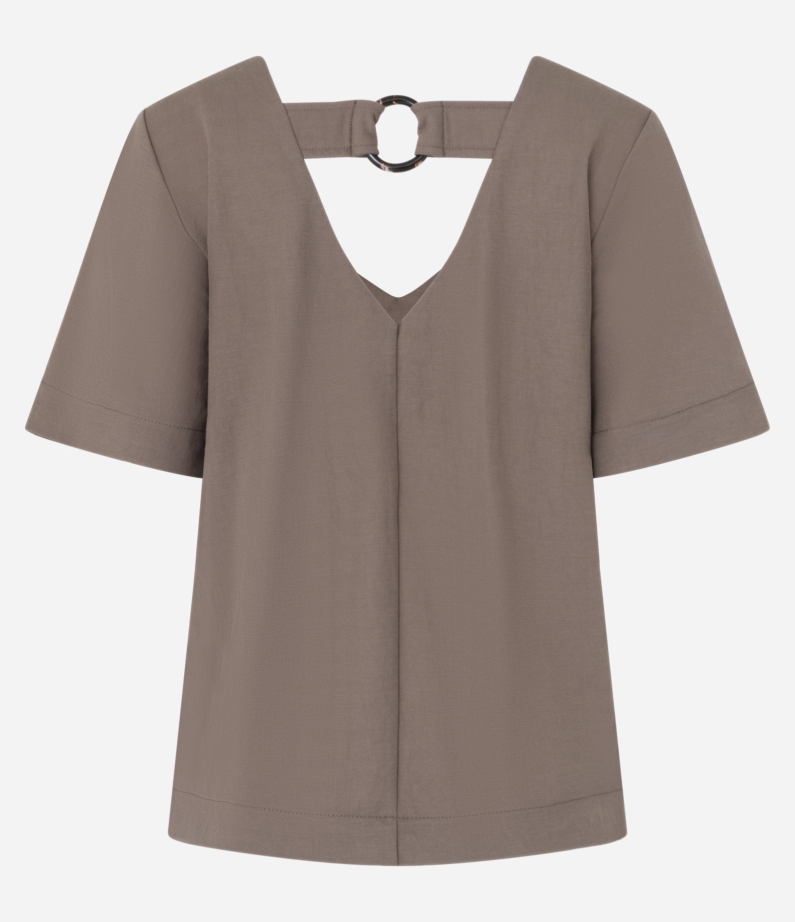 Blusa em Orly com Decote V e Faixa com Argola nas Costas Marrom 2