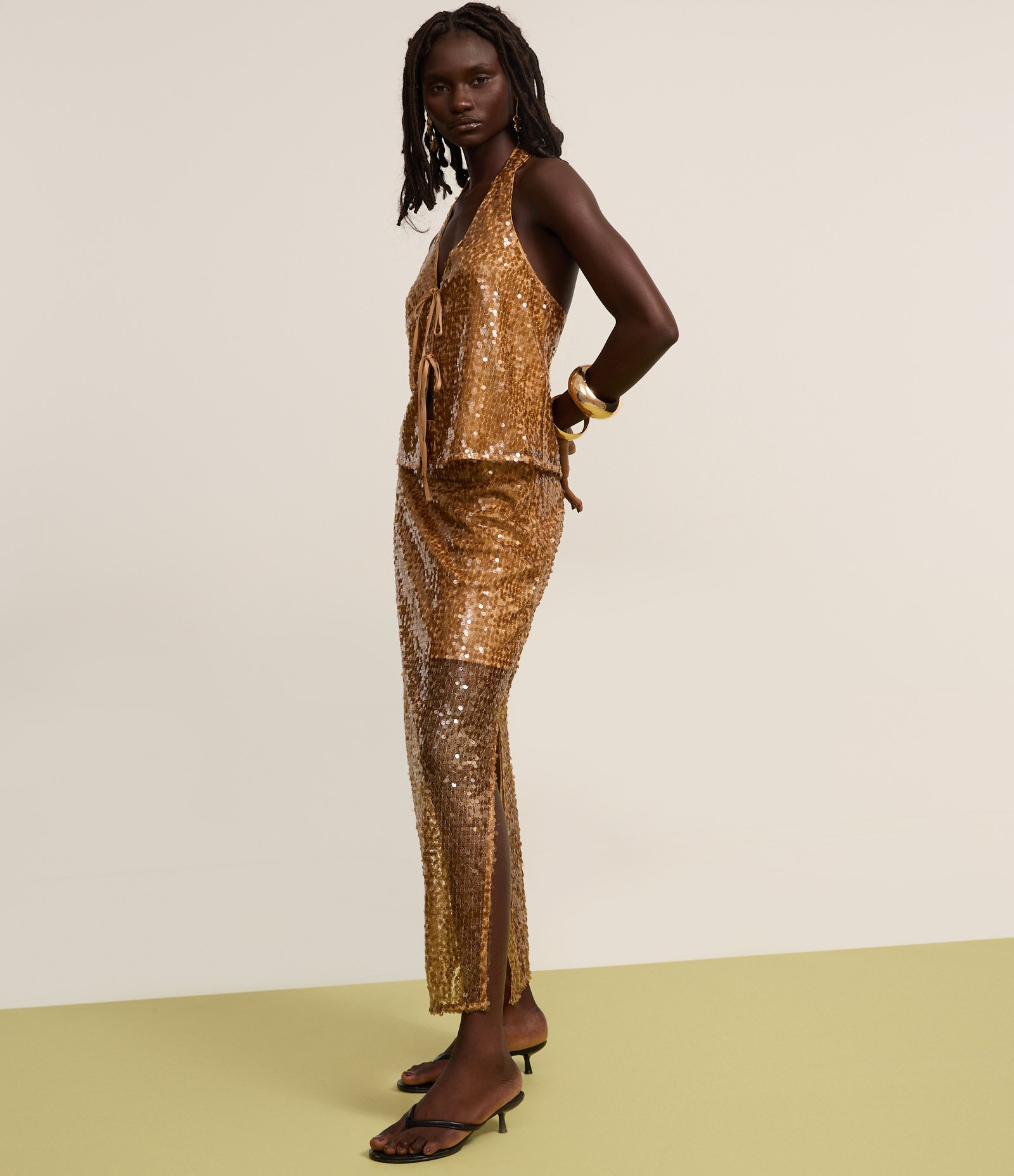 Saia Reta Long Midi em Paetê com Meio Forro Cobre 6