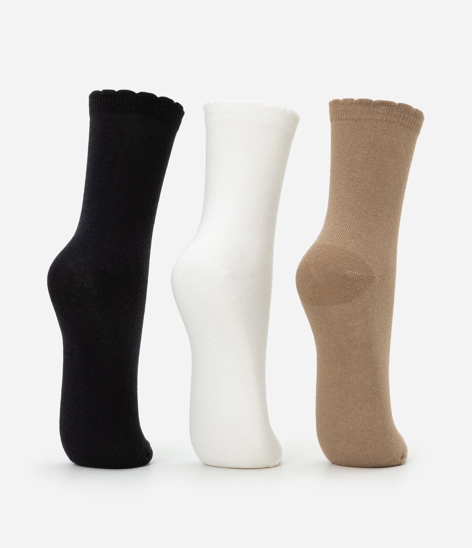 Kit 03 Meias Cano Médio em Algodão com Punho Ondulado Off White/Marrom/Preto 2