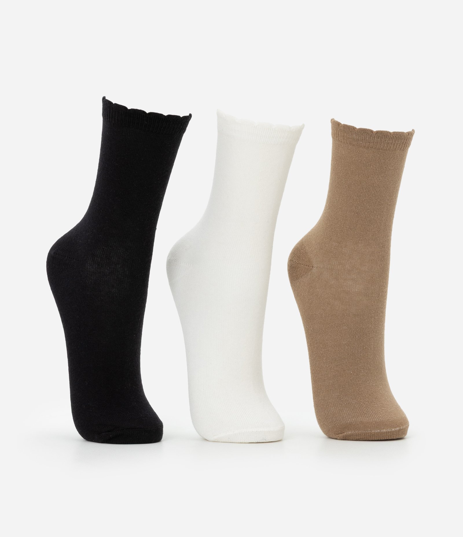 Kit 03 Meias Cano Médio em Algodão com Punho Ondulado Off White/Marrom/Preto 3