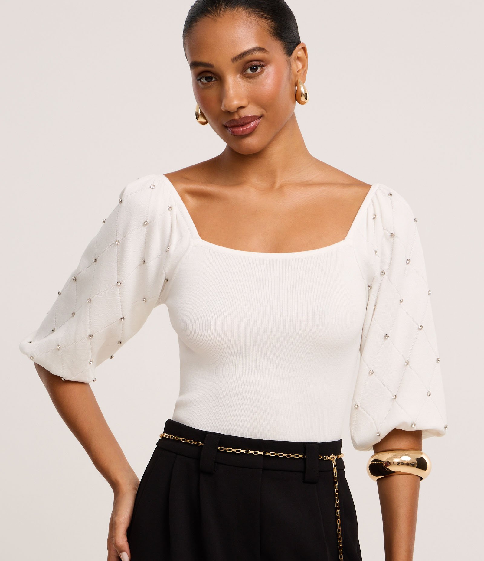 Blusa em Tricô com Brilho e Textura na Manga Bufamte Off White 3