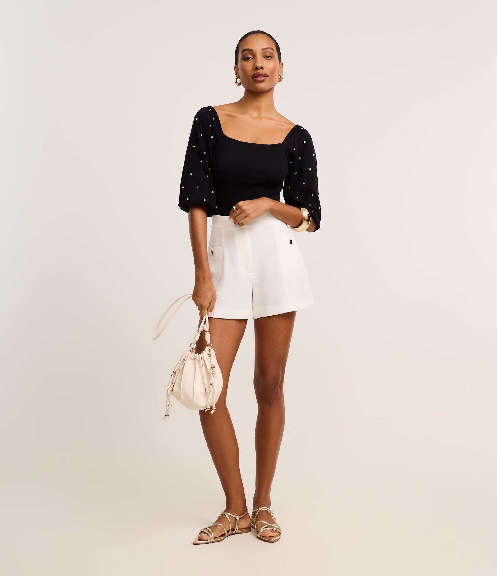 Blusa em Tricô com Brilho e Textura na Manga Bufamte Preto 2