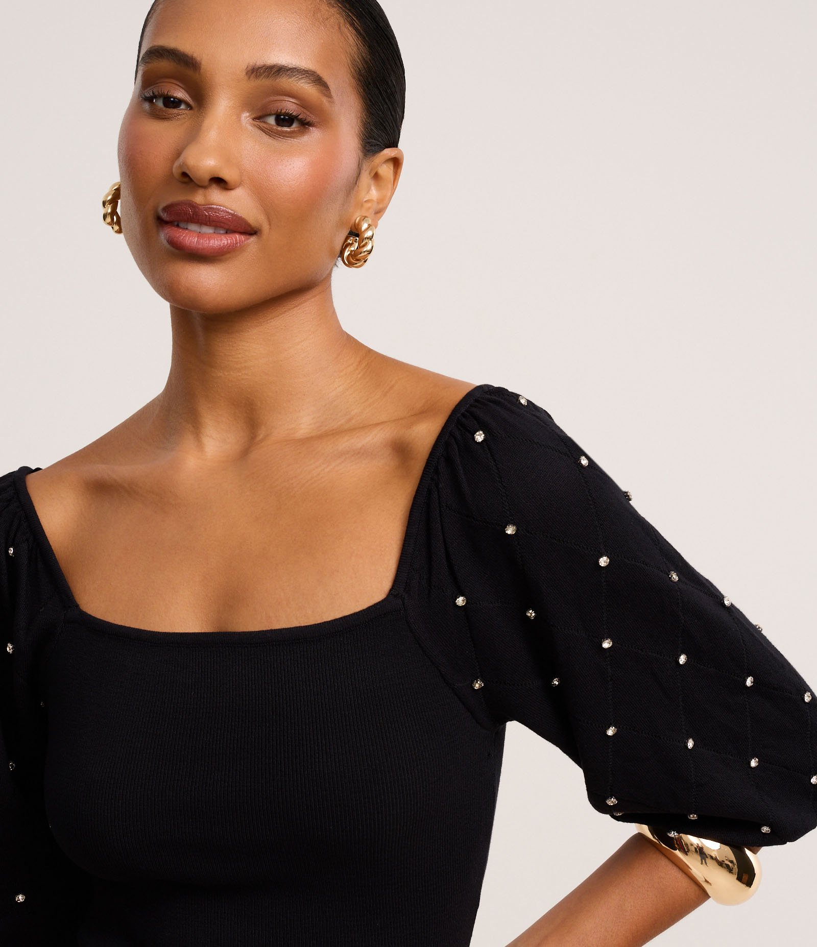 Blusa em Tricô com Brilho e Textura na Manga Bufamte Preto 3