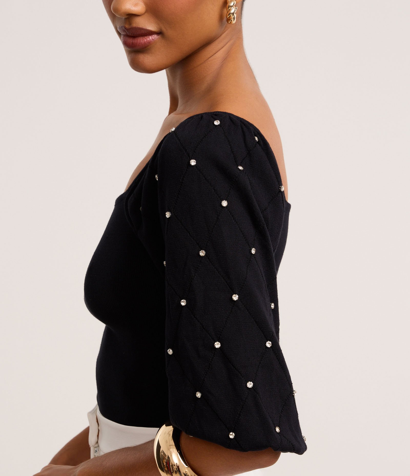 Blusa em Tricô com Brilho e Textura na Manga Bufamte Preto 4