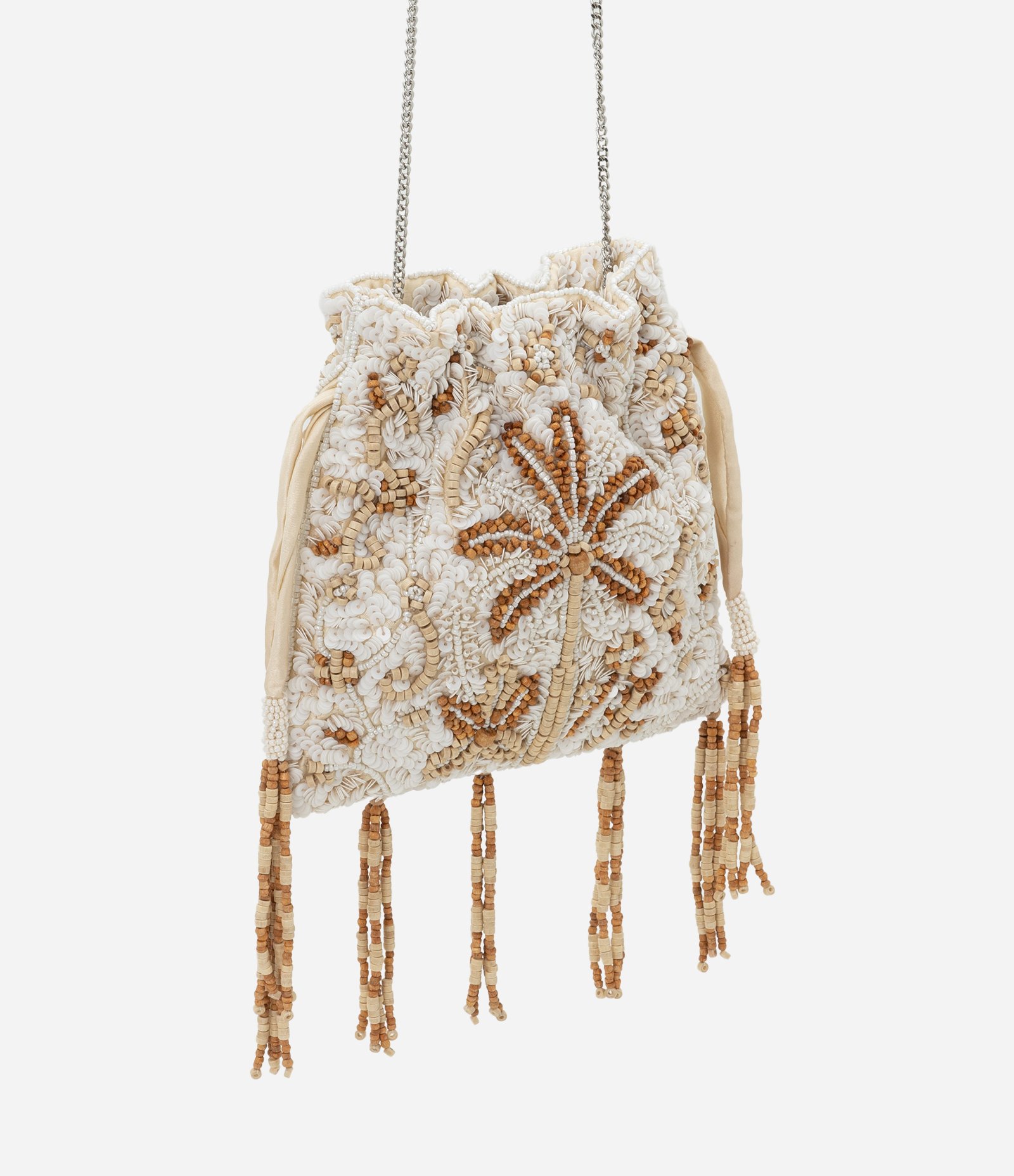 Bolsa Bucket em Paetês com Coqueiro de Miçanga Off White/Bege 1