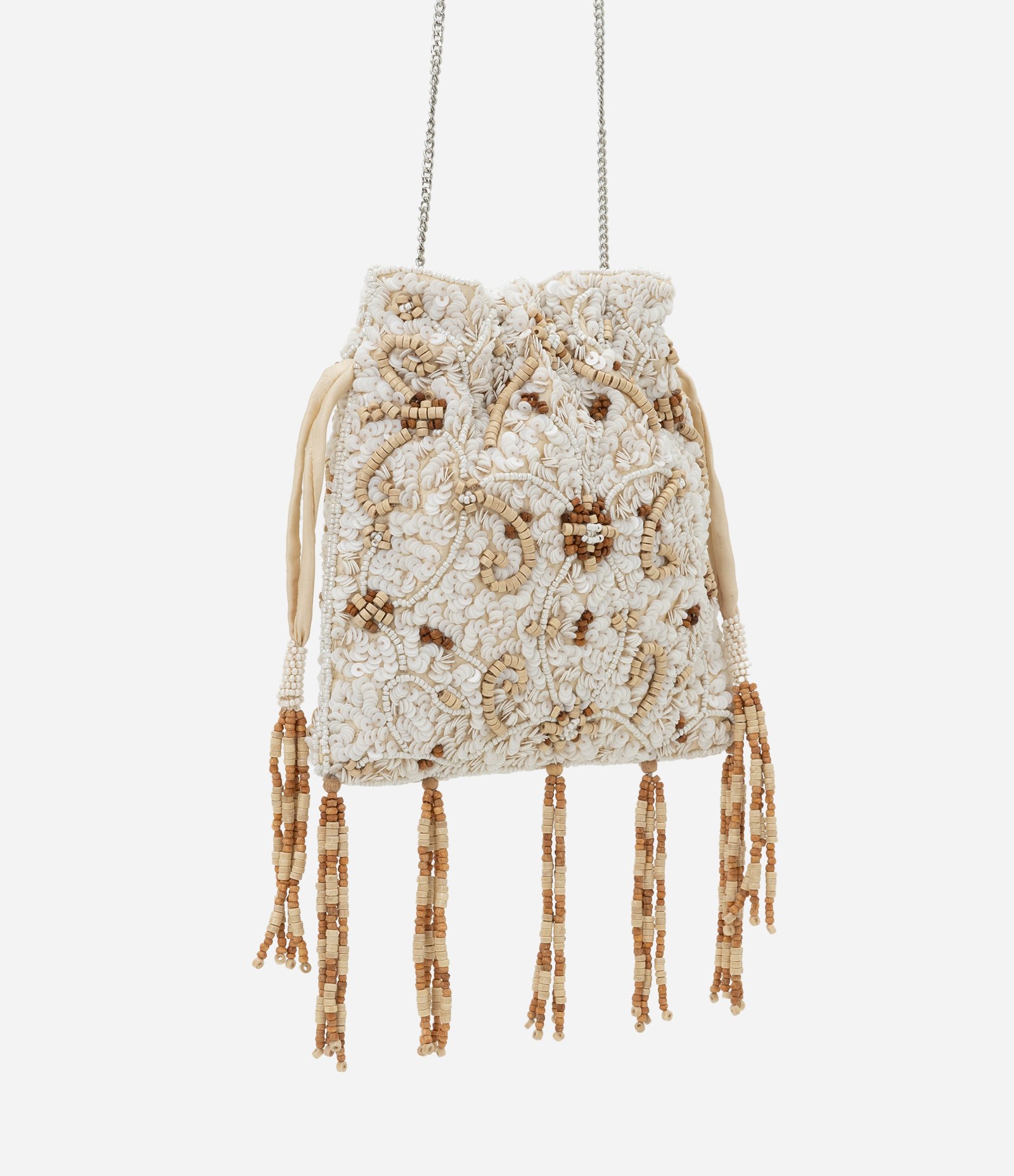 Bolsa Bucket em Paetês com Coqueiro de Miçanga Off White/Bege 3